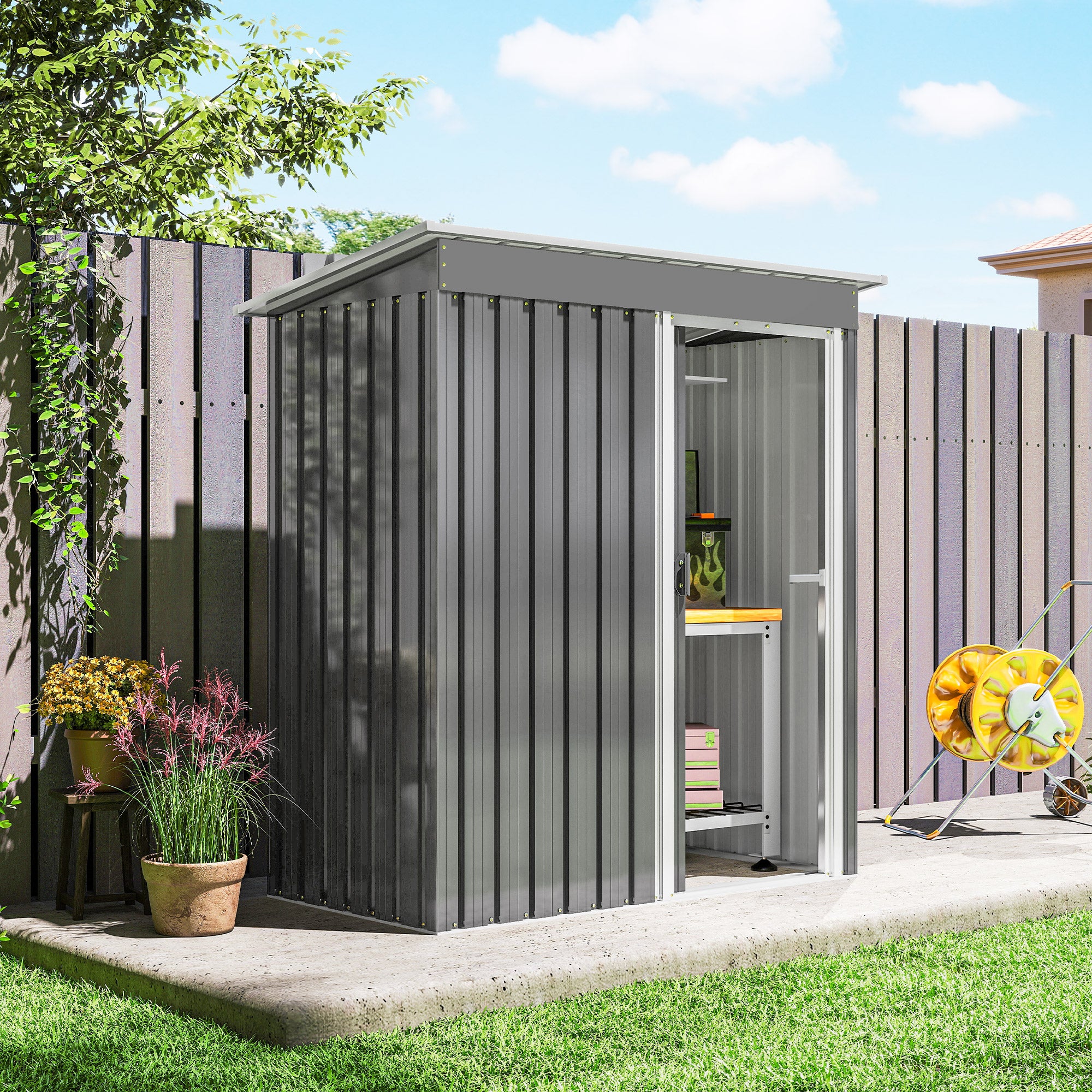 Outsunny Caseta de Jardín Exterior, 1,16 m², 163x89x182 cm, Cobertizo de Jardín Exterior Metálico con Puerta Corredera y Techo Inclinado, para Almacenamiento de Herramientas, Gris