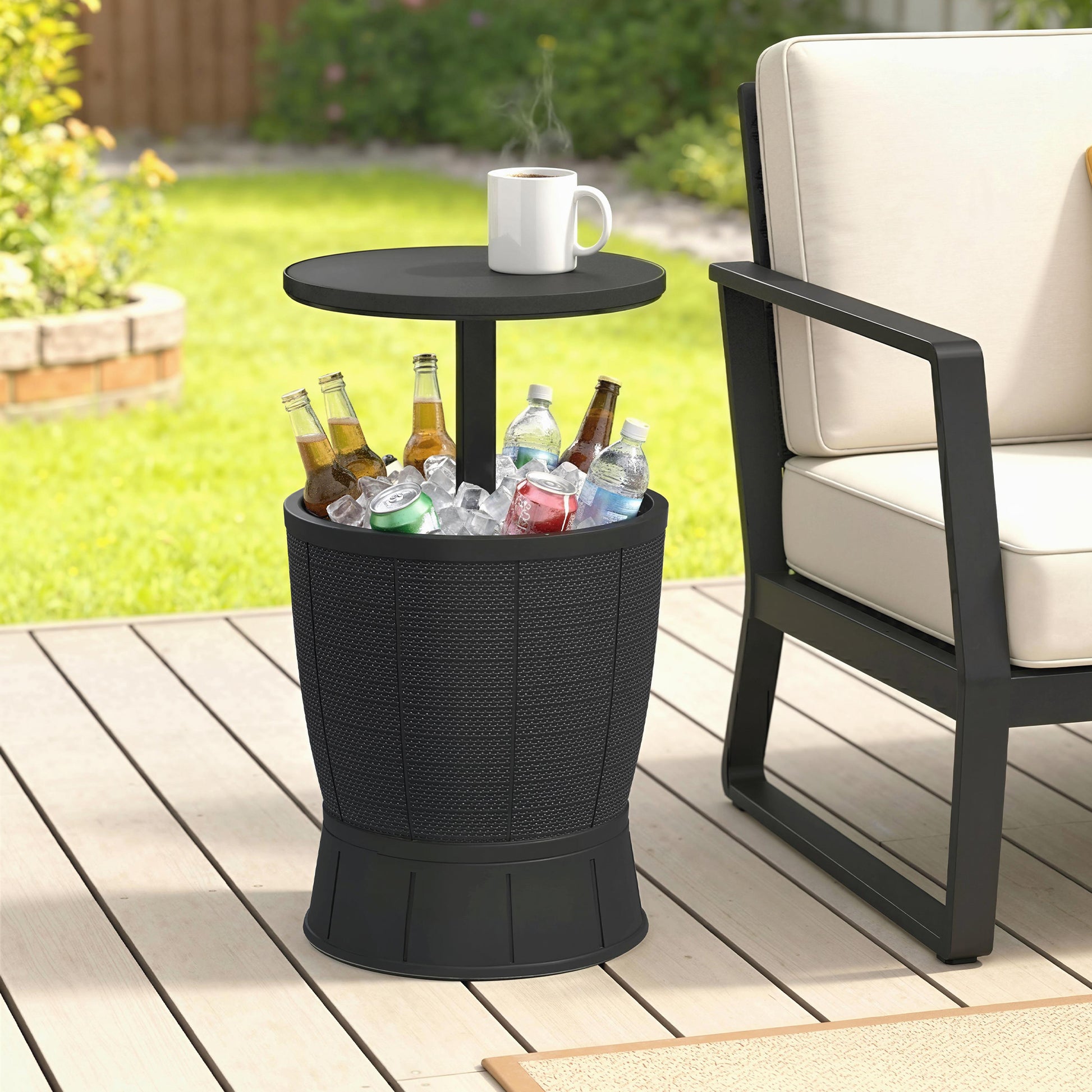 Outsunny Mesa Nevera para Exterior, 41 L, 3 en 1, Cool Bar, Mesa Auxiliar, Altura Ajustable 58-84 cm, con Cubo de Hielo, Tapa Superior Elevable, para Fiesta, Piscina, Jardín, Patio, Negro