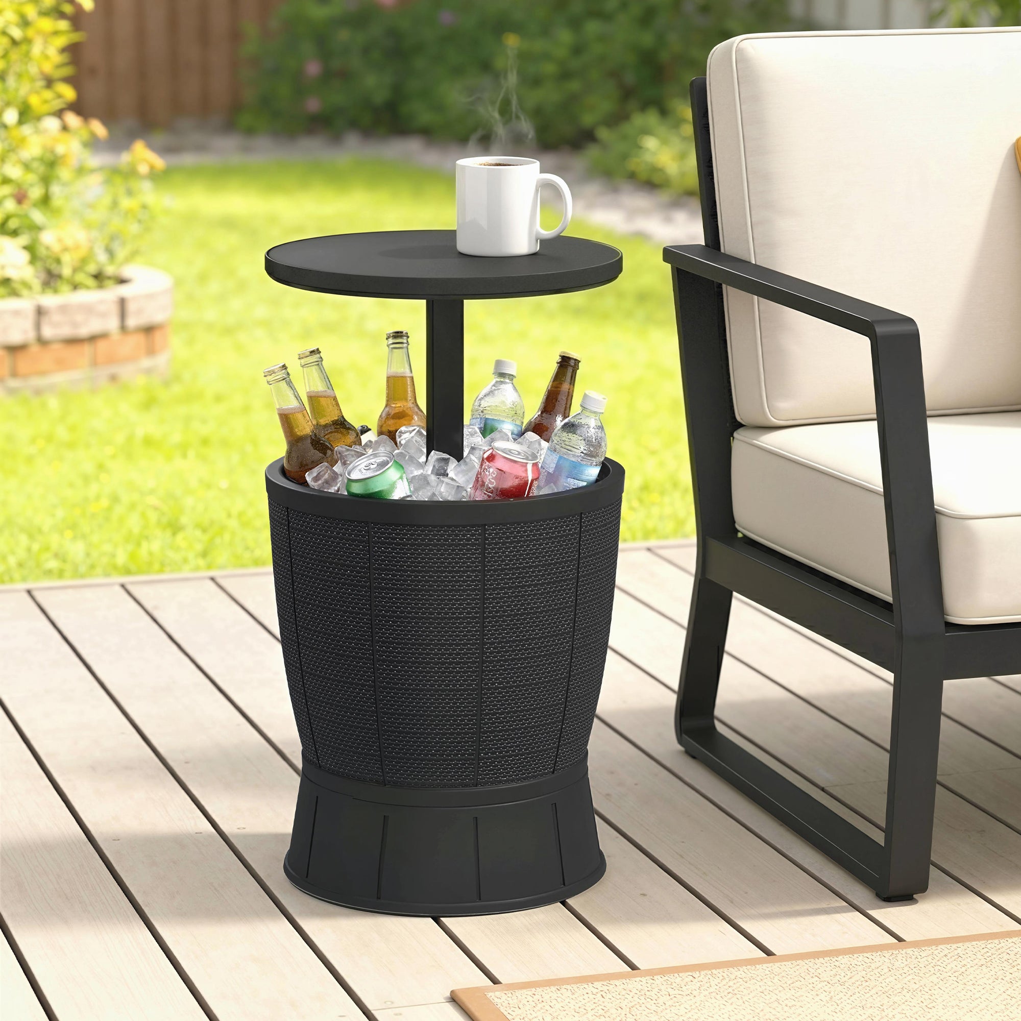 Outsunny Mesa Nevera para Exterior, 41 L, 3 en 1, Cool Bar, Mesa Auxiliar, Altura Ajustable 58-84 cm, con Cubo de Hielo, Tapa Superior Elevable, para Fiesta, Piscina, Jardín, Patio, Negro