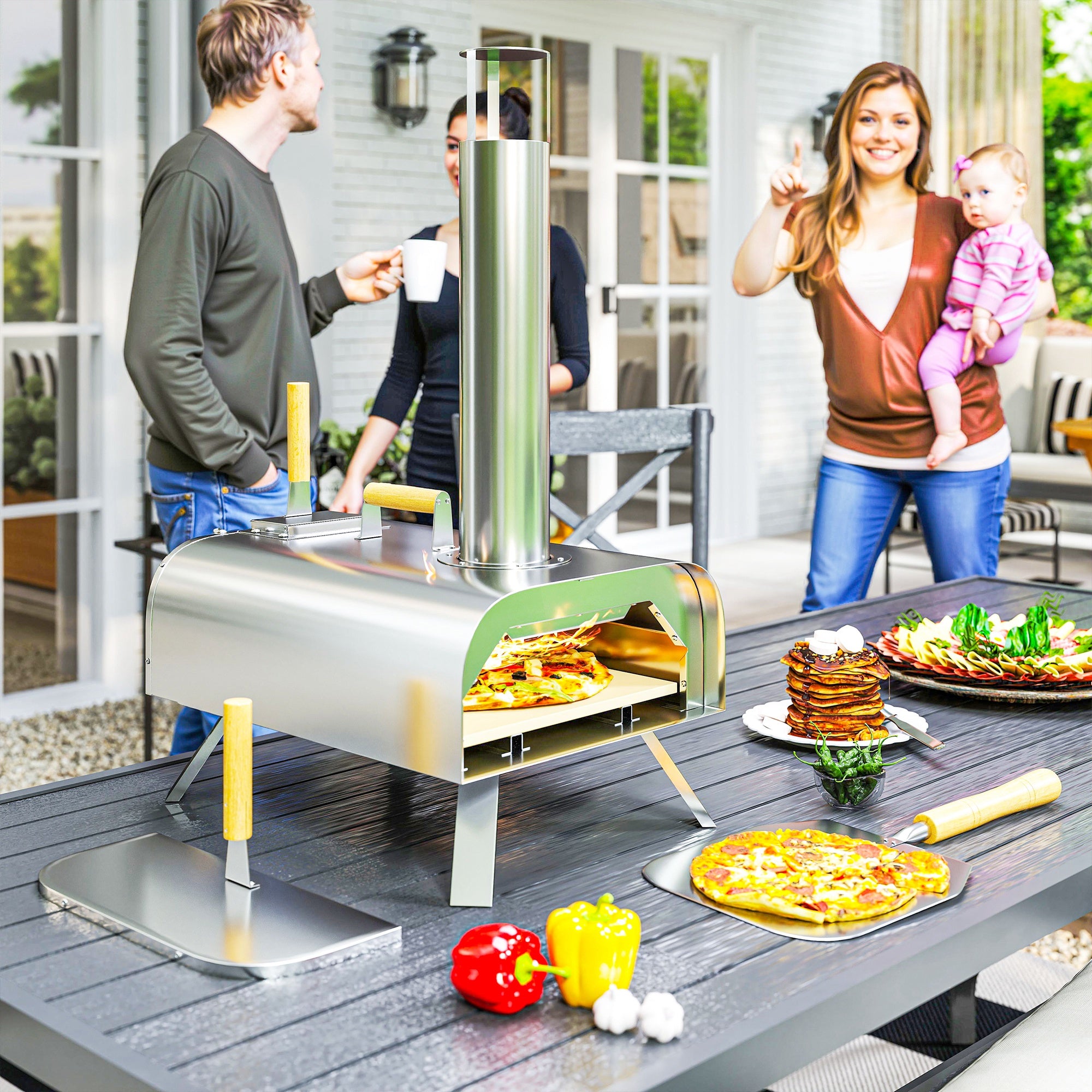 Outsunny Mini Horno de Pizza Exterior Portátil de Acero Inoxidable Horno de Leña con Piedra Refractaria Pala Patas Plegables Mangos de Madera Termómetro y Bandeja para Jardín Terraza Camping Patio
