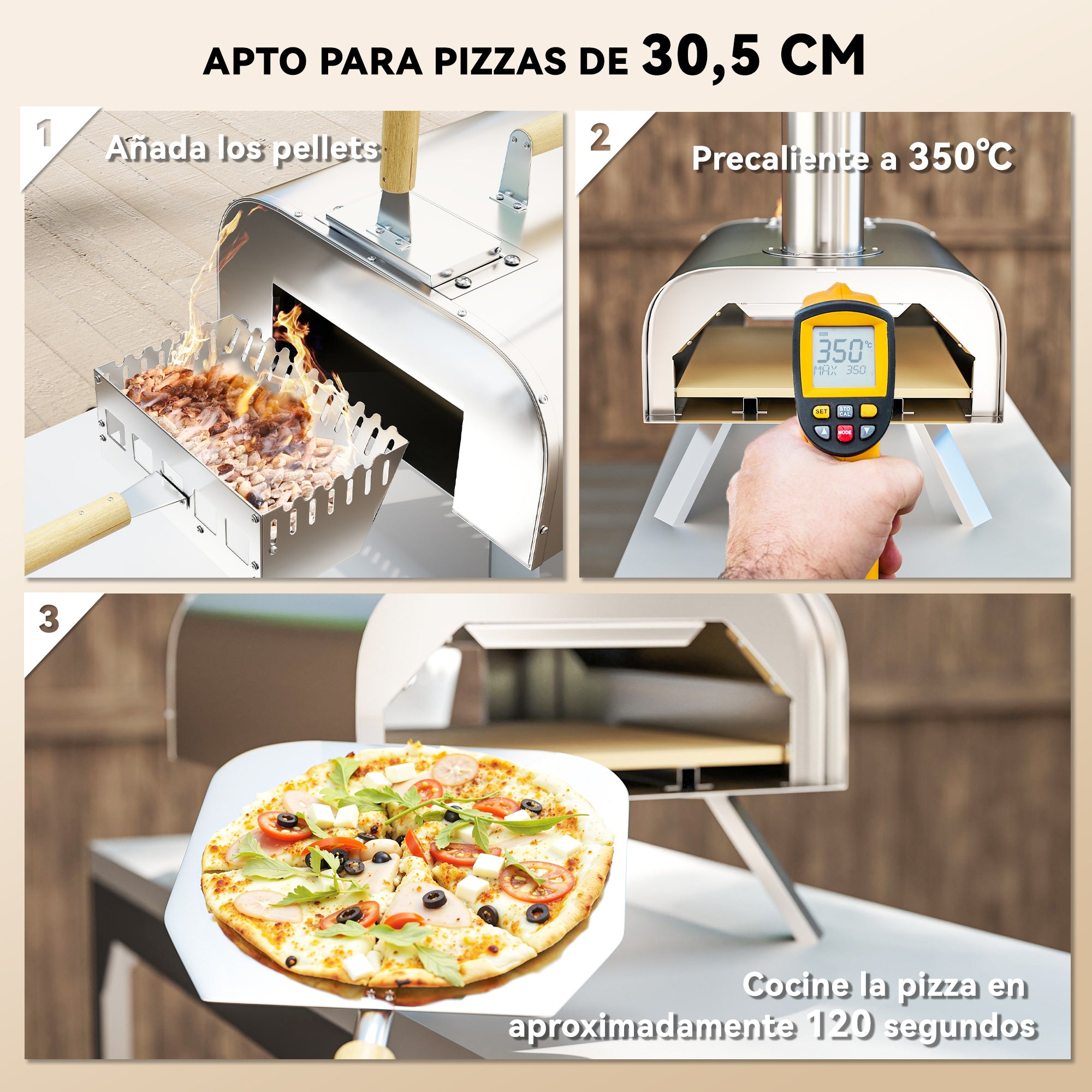Outsunny Mini Horno de Pizza Exterior Portátil de Acero Inoxidable Horno de Leña con Piedra Refractaria Pala Patas Plegables Mangos de Madera Termómetro y Bandeja para Jardín Terraza Camping Patio