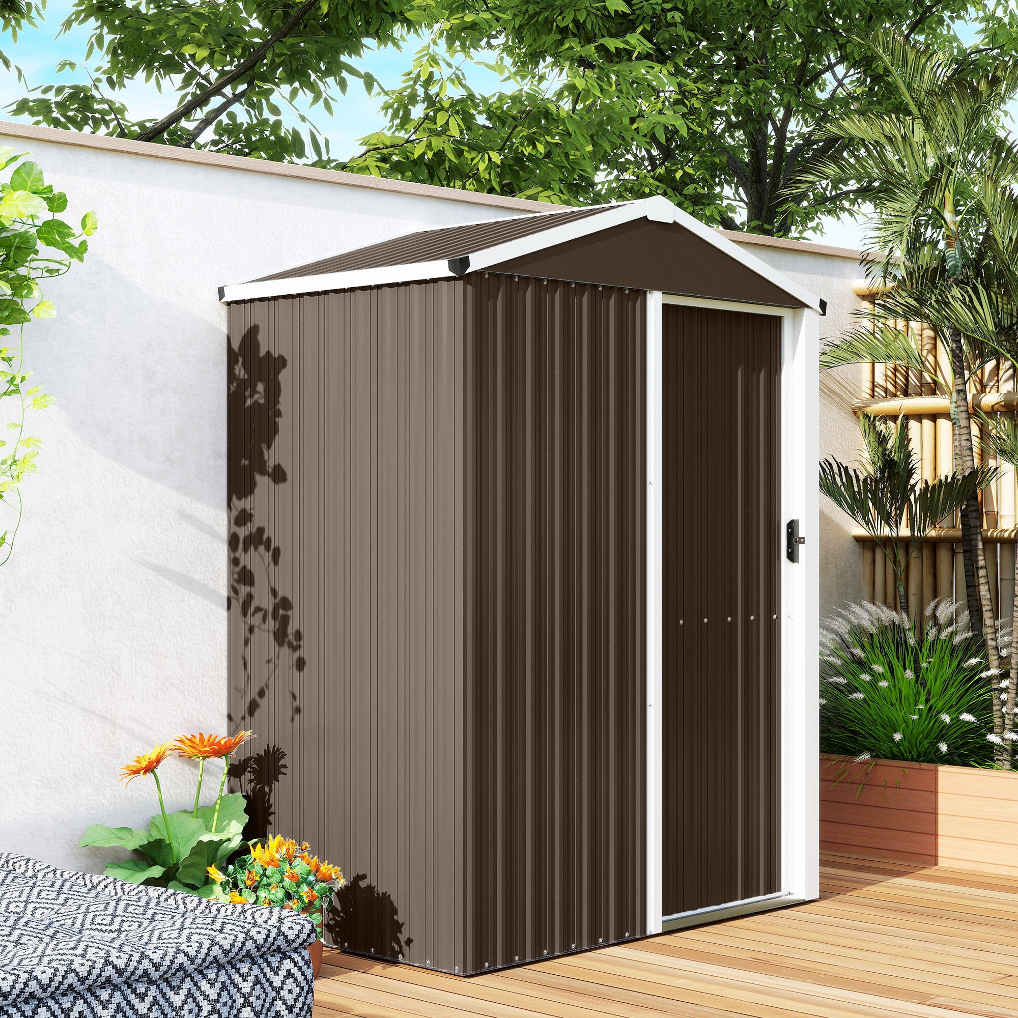 Outsunny Caseta de Jardín Exterior 1,1 m², 136x87x179 cm, Cobertizo de Jardín Exterior Metálico con Puerta Corredera, Techo Inclinado y Guantes, para Almacenaje de Herramientas Bicicletas, Marrón