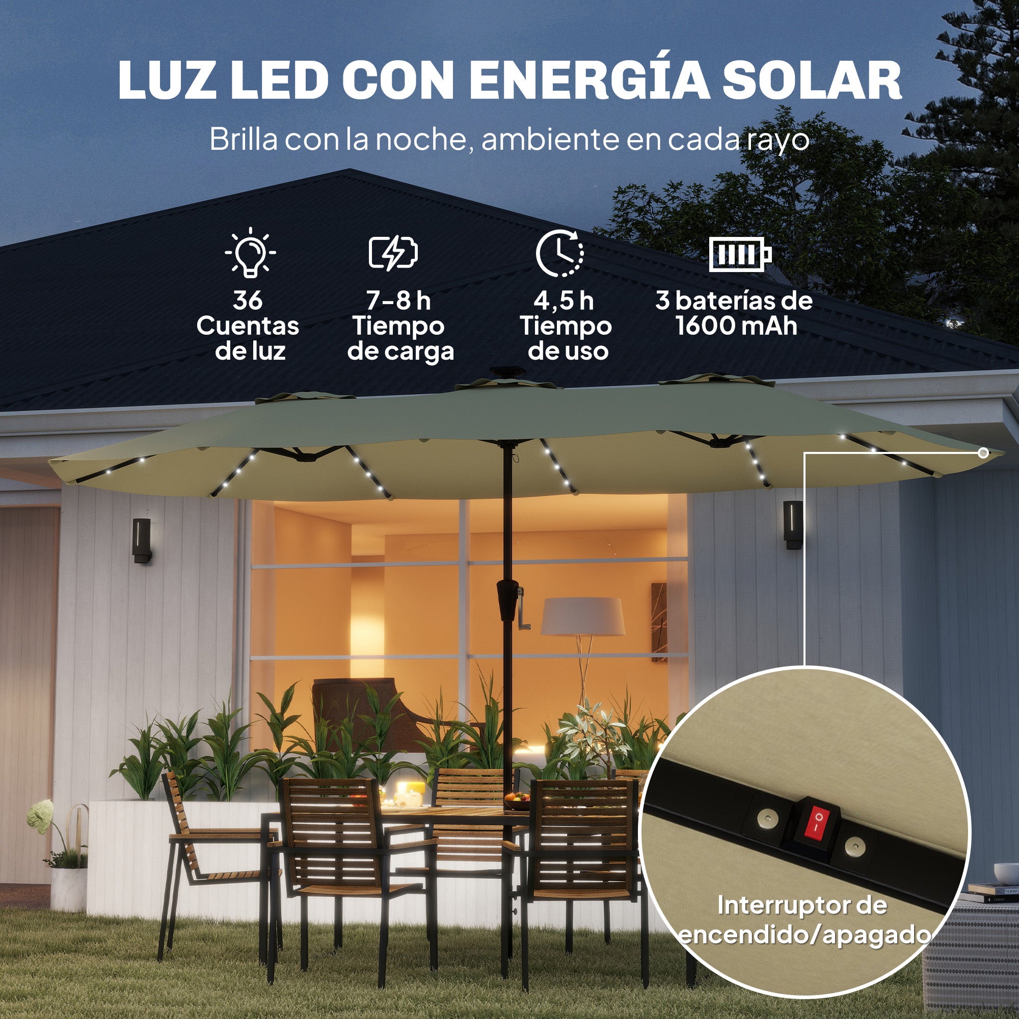 Outsunny Sombrilla Doble con 36 Luces LED Solares, 4x2 m, Sombrilla Terraza Exterior con Manivela, UPF50+, 12 Varillas, Resistente al Agua, Parasol para Jardín, Terraza, Patio, Beige
