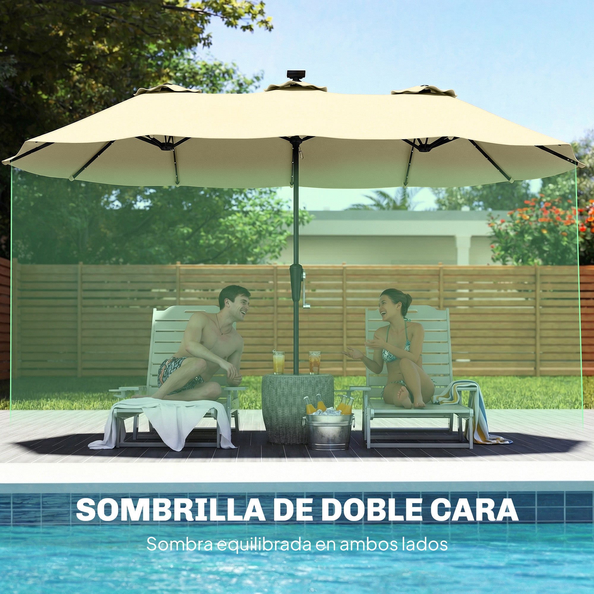 Outsunny Sombrilla Doble con 36 Luces LED Solares, 4x2 m, Sombrilla Terraza Exterior con Manivela, UPF50+, 12 Varillas, Resistente al Agua, Parasol para Jardín, Terraza, Patio, Beige