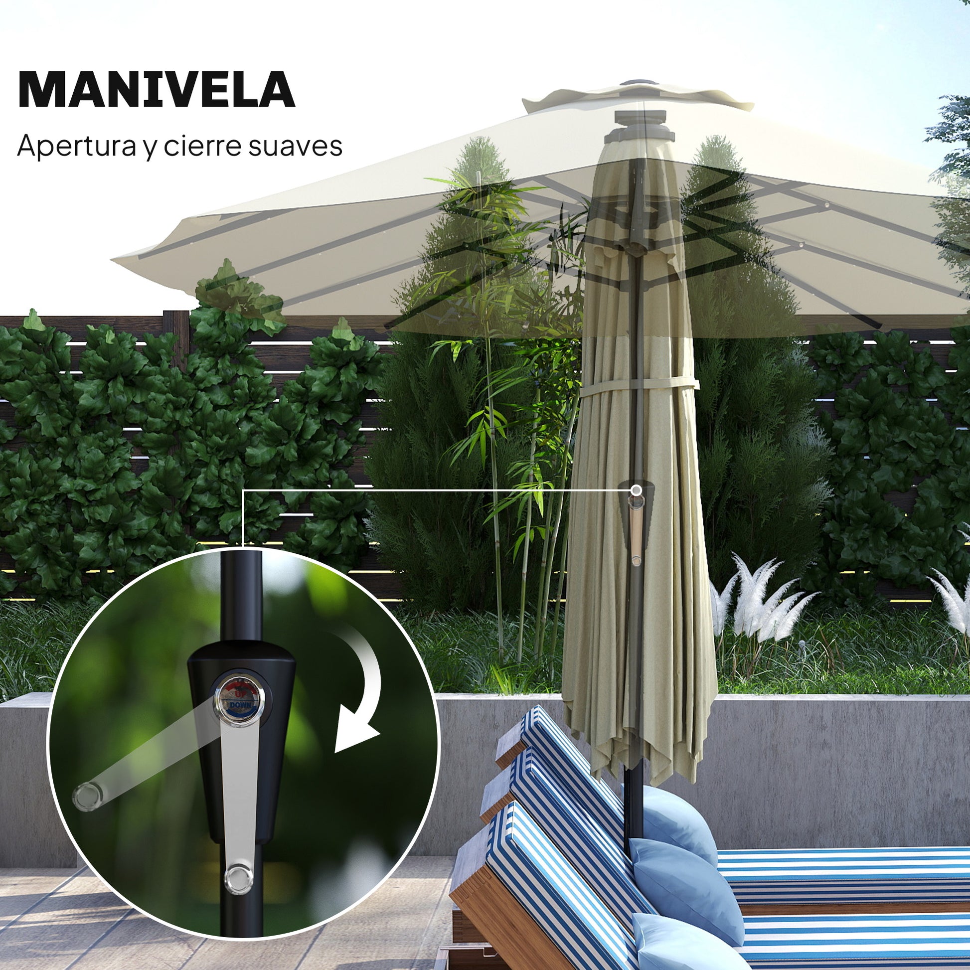 Outsunny Sombrilla Doble con 36 Luces LED Solares, 4x2 m, Sombrilla Terraza Exterior con Manivela, UPF50+, 12 Varillas, Resistente al Agua, Parasol para Jardín, Terraza, Patio, Beige