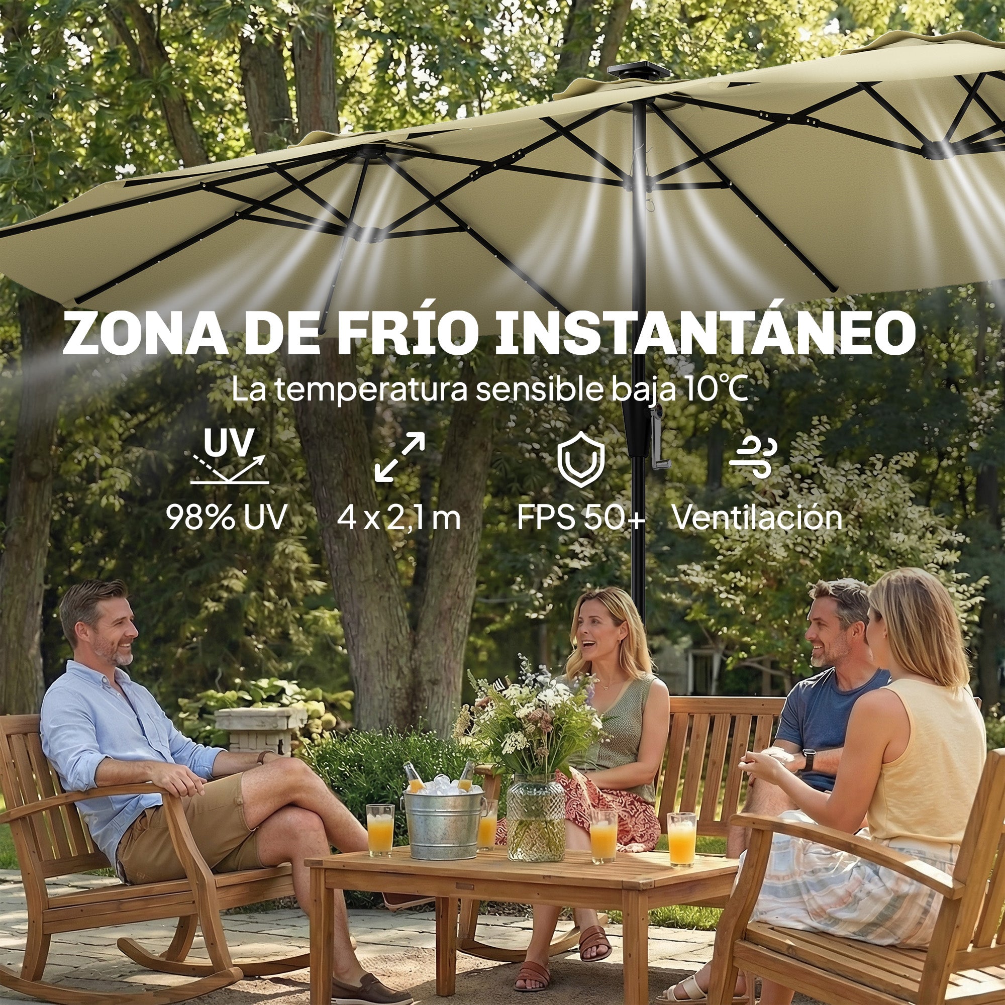 Outsunny Sombrilla Doble con 36 Luces LED Solares, 4x2 m, Sombrilla Terraza Exterior con Manivela, UPF50+, 12 Varillas, Resistente al Agua, Parasol para Jardín, Terraza, Patio, Beige