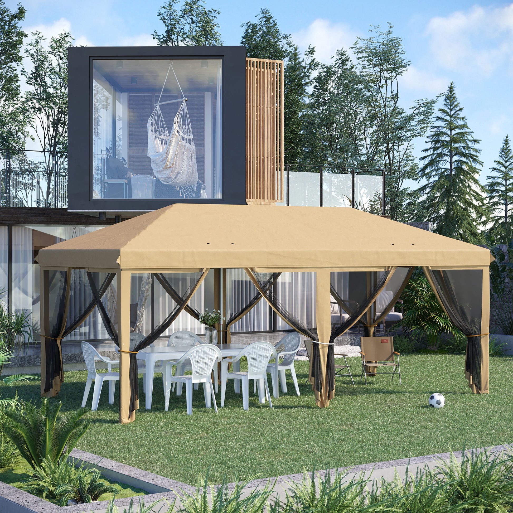 Outsunny Carpa Plegable Pop-Up Gazebo 6x3 m Cenador Plegable con 6 Paredes Laterales de Malla Anti-UV y Bolsa de Transporte para Camping Fiestas Beige