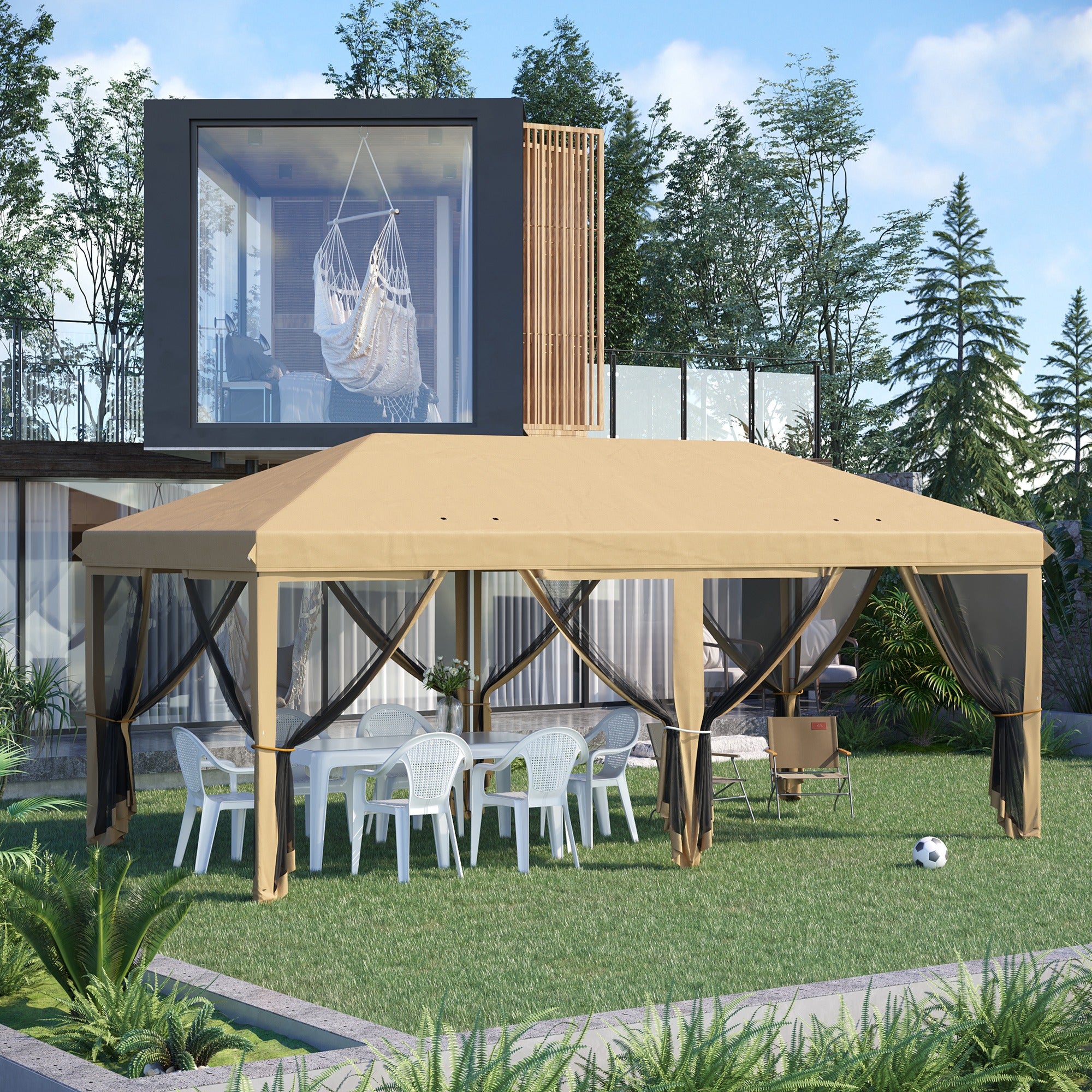 Outsunny Carpa Plegable Pop-Up Gazebo 6x3 m Cenador Plegable con 6 Paredes Laterales de Malla Anti-UV y Bolsa de Transporte para Camping Fiestas Beige