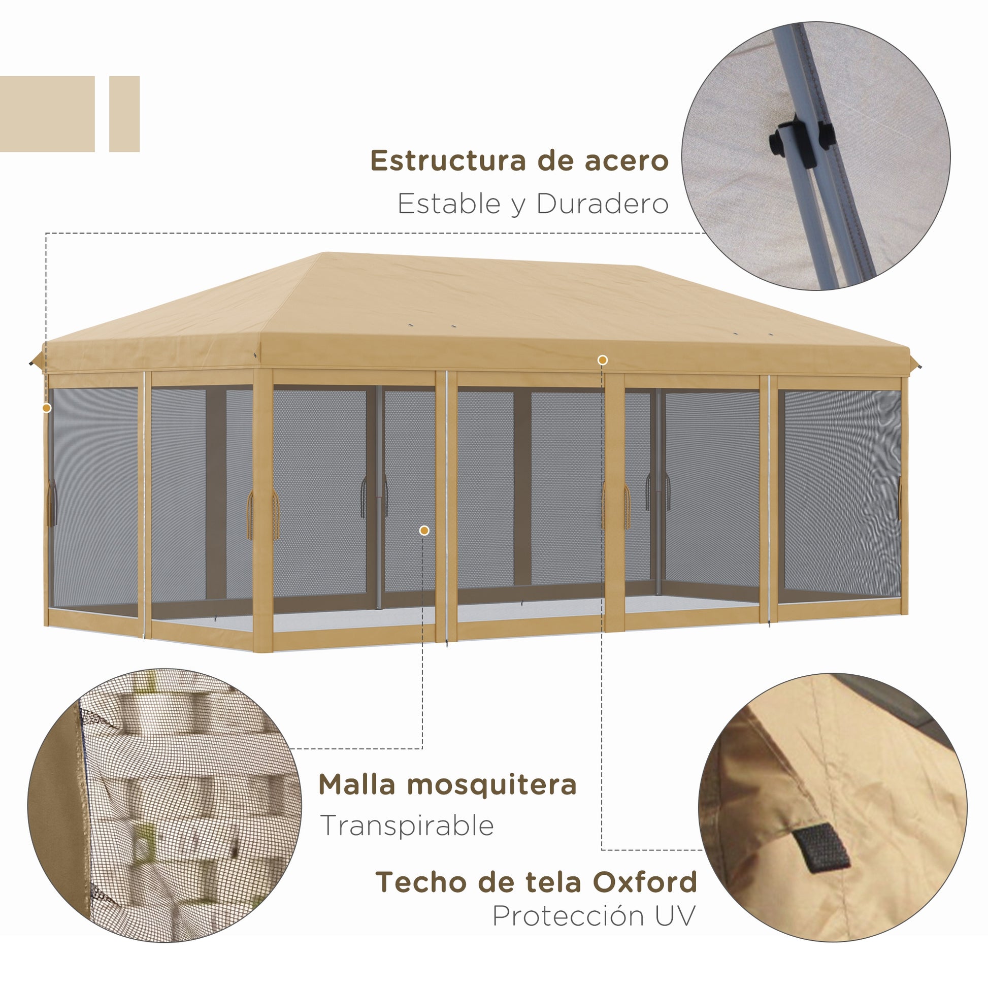 Outsunny Carpa Plegable Pop-Up Gazebo 6x3 m Cenador Plegable con 6 Paredes Laterales de Malla Anti-UV y Bolsa de Transporte para Camping Fiestas Beige