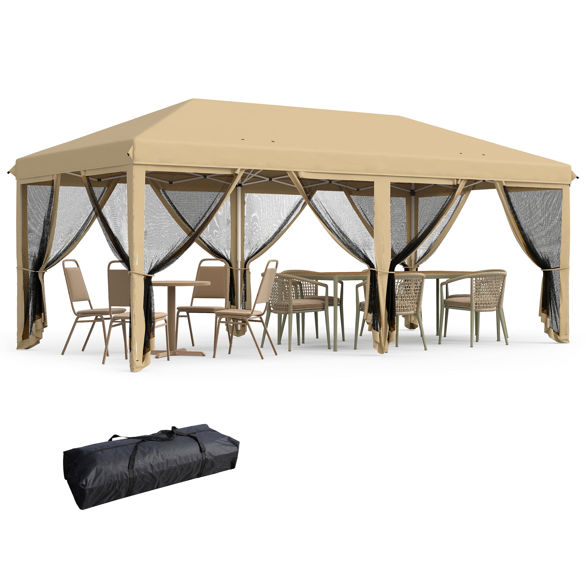 Outsunny Carpa Plegable Pop-Up Gazebo 6x3 m Cenador Plegable con 6 Paredes Laterales de Malla Anti-UV y Bolsa de Transporte para Camping Fiestas Beige