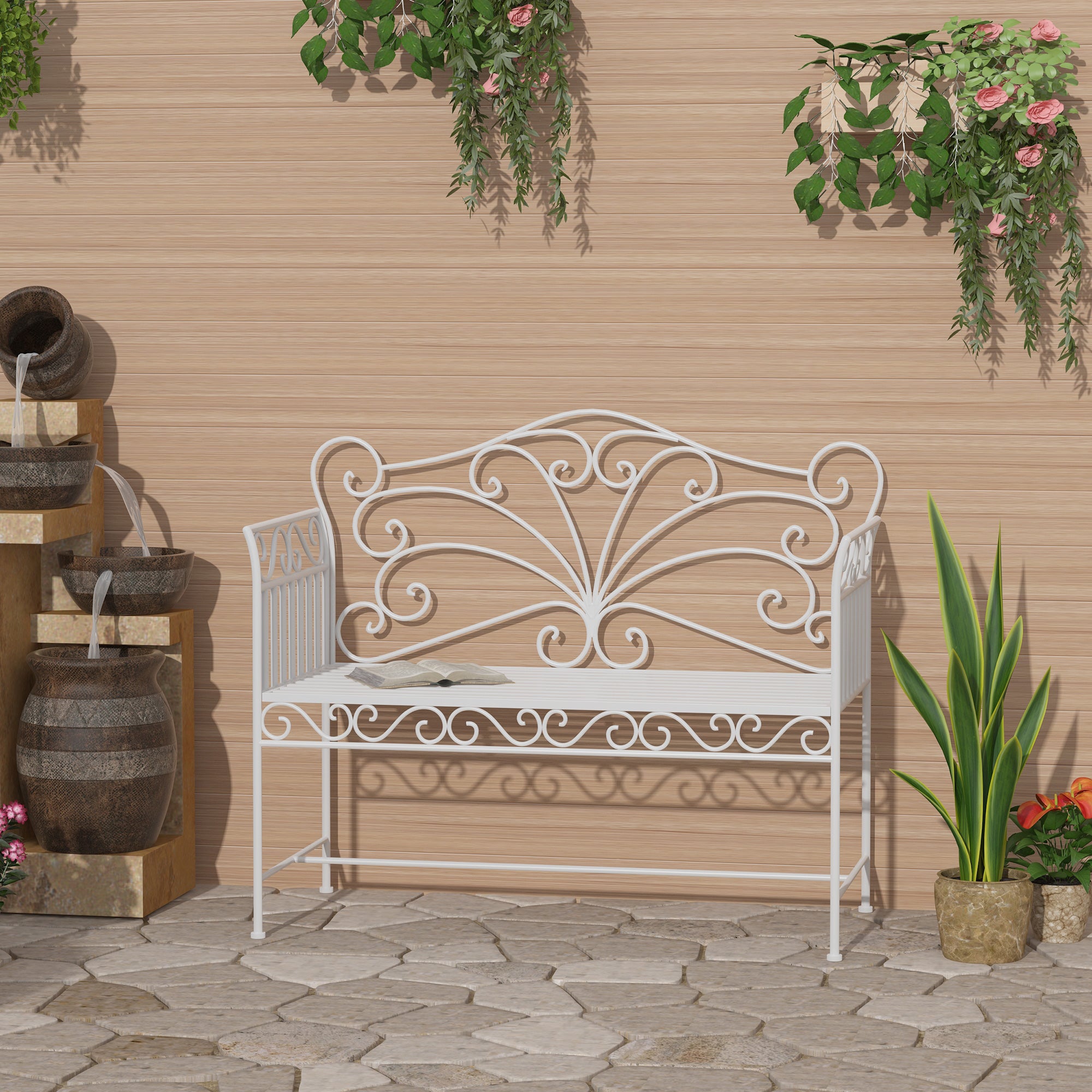 Outsunny Banco de Jardín de 2 Plazas 113,5x50x96 cm Banco de Terraza de Metal con Respaldo Decorativo y Reposabrazos Vintage para Exterior Carga 200 kg Crema