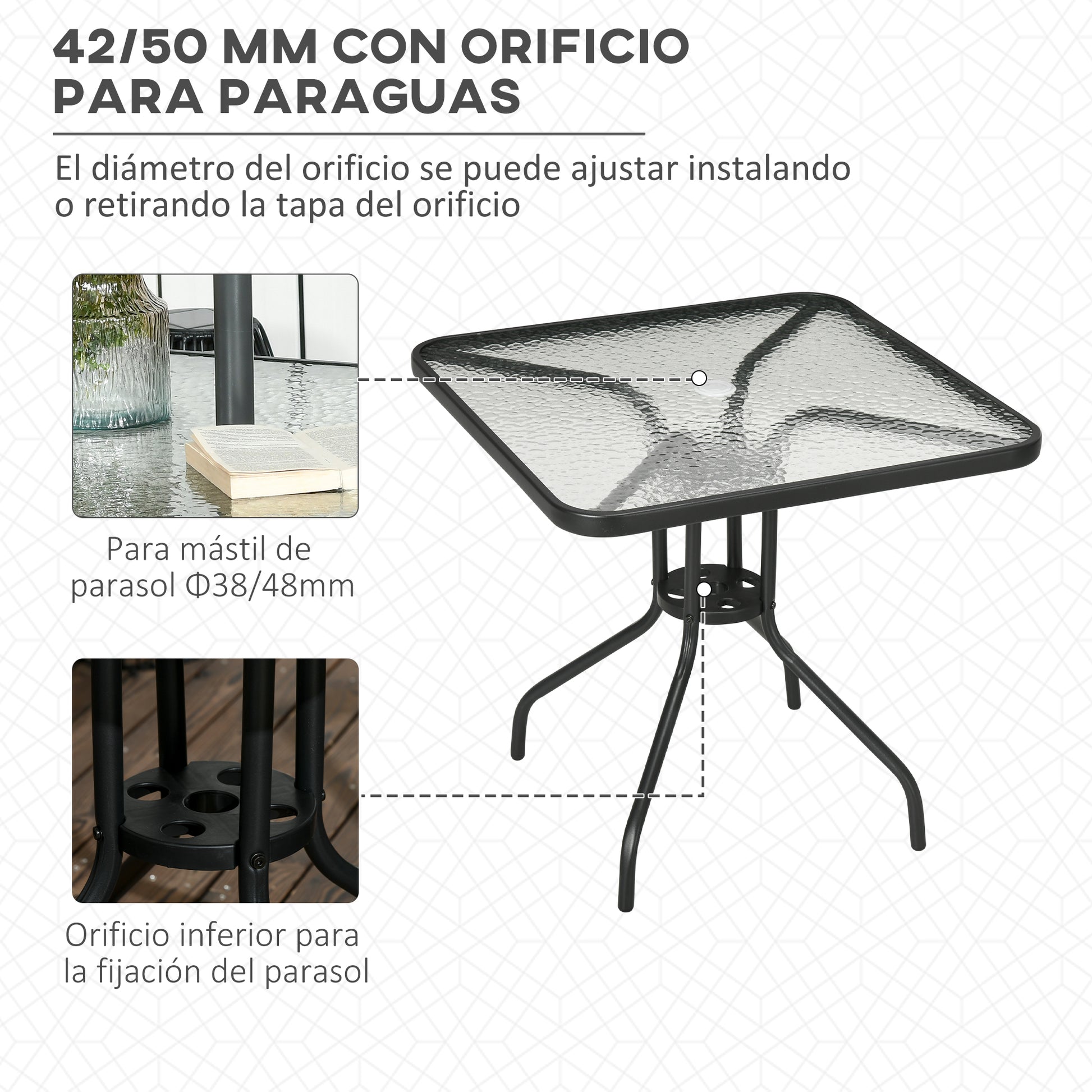 Outsunny Mesa de Jardín Cuadrada Mesa de Comedor Exterior 76x76x72 cm con Agujero para Sombrilla y Encimera de Vidrio Templado para Patio Terraza Negro