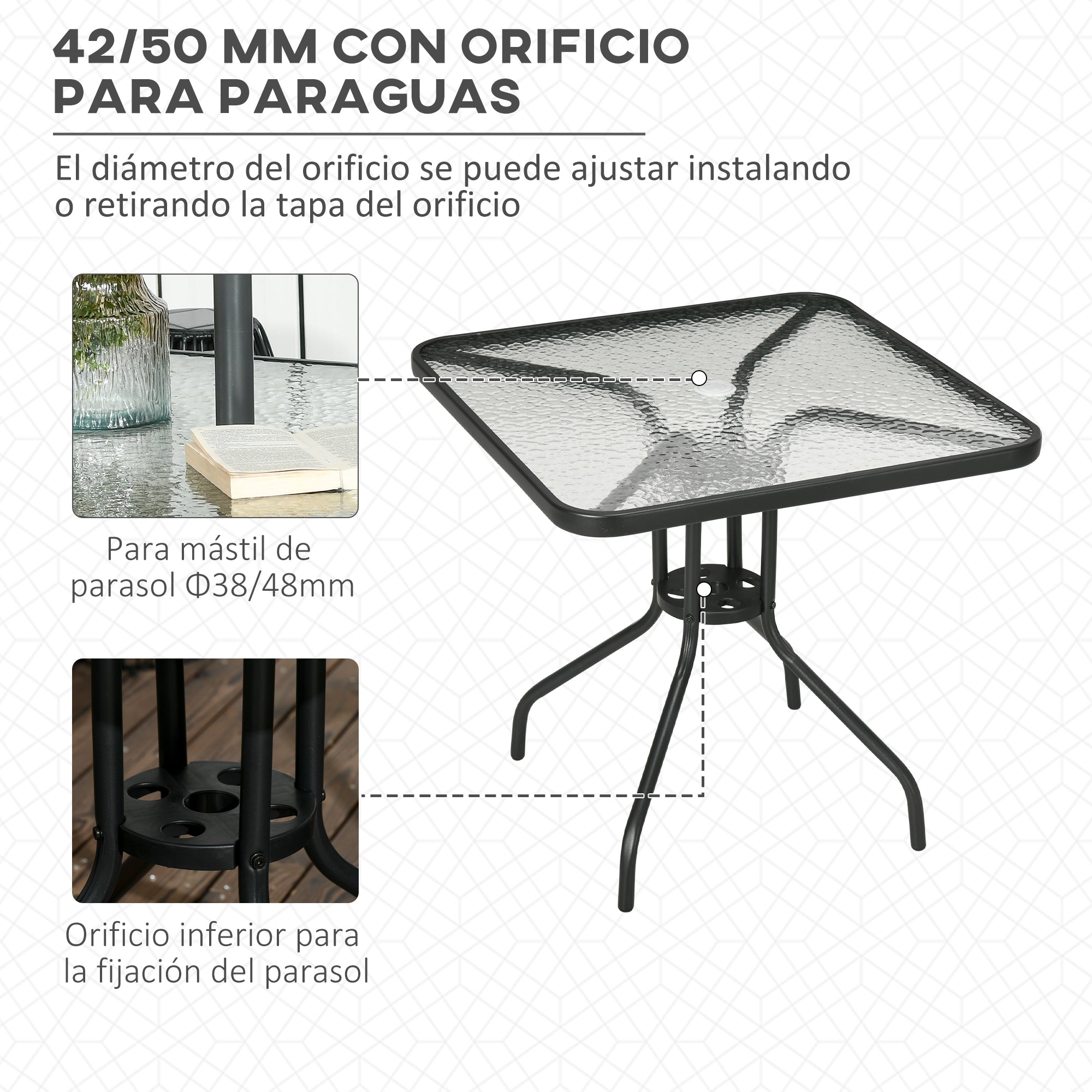 Outsunny Mesa de Jardín Cuadrada Mesa de Comedor Exterior 76x76x72 cm con Agujero para Sombrilla y Encimera de Vidrio Templado para Patio Terraza Negro