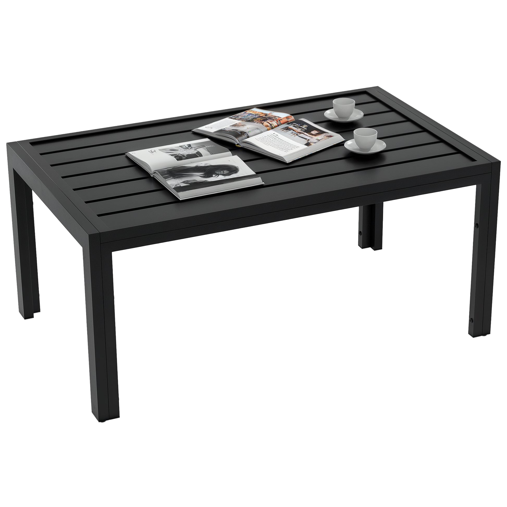 Outsunny Mesa de Centro de Jardín Rectangular, Mesa Auxiliar con Estructura de Acero Galvanizado y Superficie de Tablillas, Mesita de Café para Patio, Balcón, Terraza o Porche, Negro