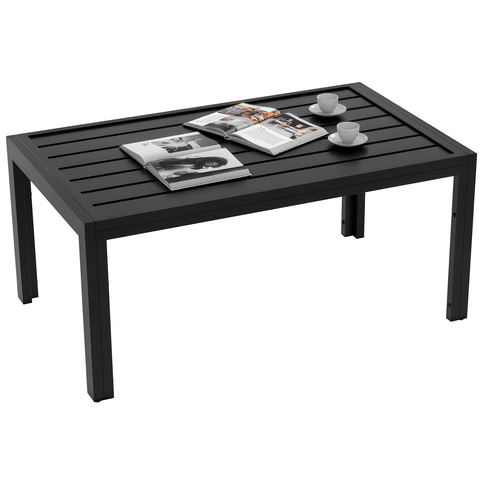 Outsunny Mesa de Centro de Jardín Rectangular, Mesa Auxiliar con Estructura de Acero Galvanizado y Superficie de Tablillas, Mesita de Café para Patio, Balcón, Terraza o Porche, Negro