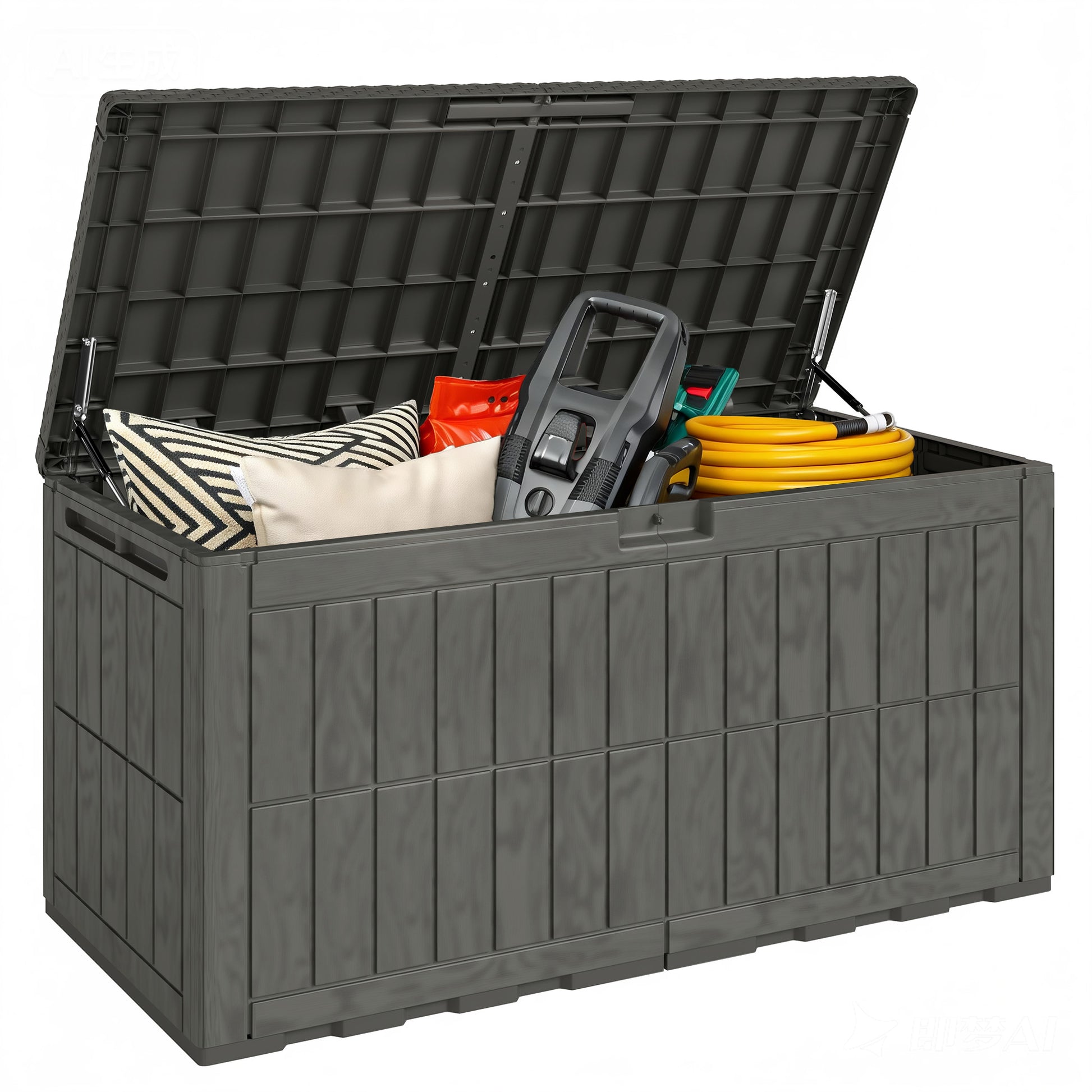 Outsunny Arcón Exterior Capacidad 440L, Baúl de Almacenaje Exterior de Resina Resistente al Agua y a los Rayos UV, con Tapa Bloqueable, Barras de Gas, Asas Laterales, para Jardín, 133x62x65 cm, Café