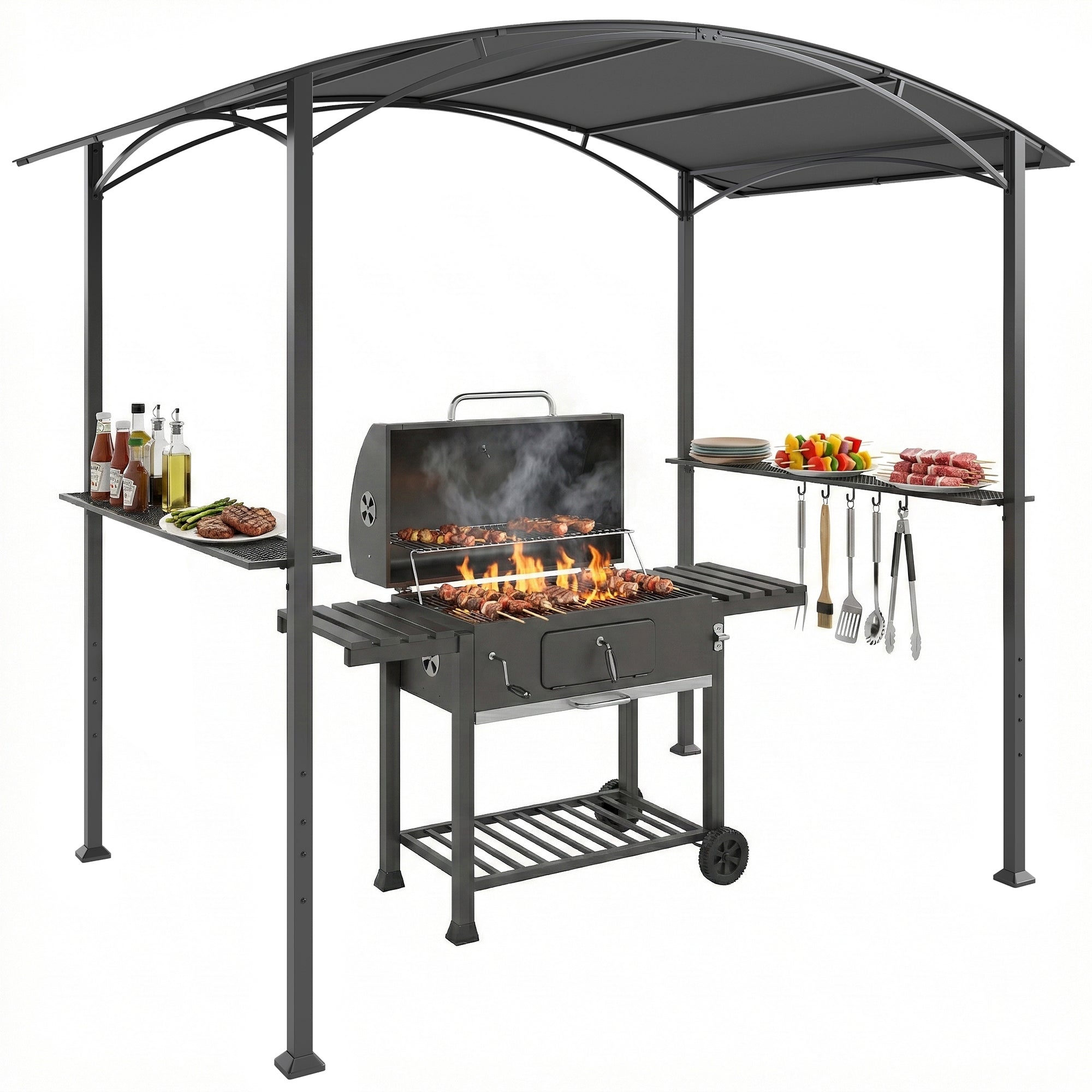 Outsunny Carpa Barbacoa 2,4 x 1,5 m, Cenador de Pérgola con 2 Estantes Laterales, Toldo Resistente a la intemperie, Ganchos y Estructura de Acero, para Jardín Terraza Exterior Camping BBQ, Gris Oscuro