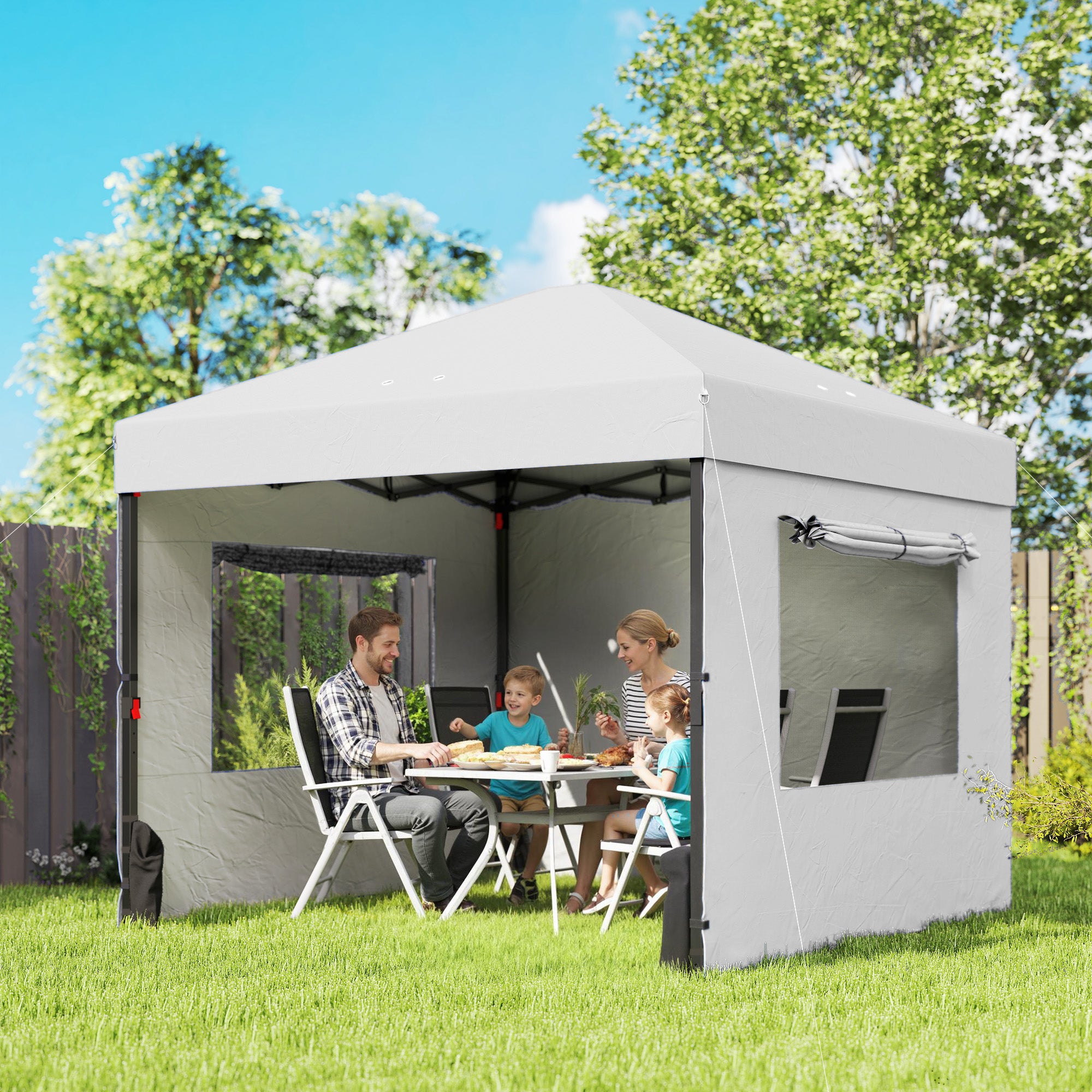 Outsunny Carpa Plegable 3x3 m, Pop-up, Cenador Pabellón de Jardín con 3 Paredes Laterales, 2 Ventanas Malla, UPF50+, Altura Ajustable 3 Niveles, Bolsa Transporte, Sacos Arena, Gazebo Exterior, Blanco