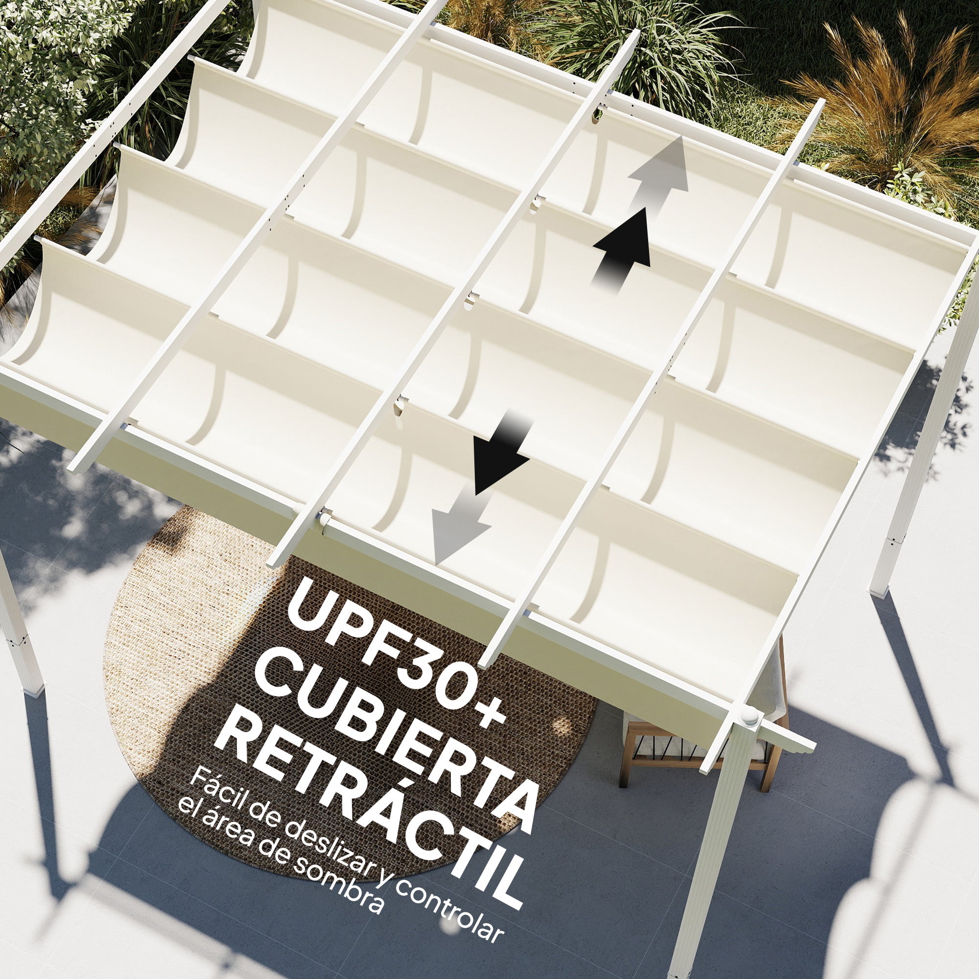 Outsunny Pérgola de Jardín 4x3 m con Techo Retráctil, Cenador de Jardín con Protección UPF30+, Orificios de Drenaje, Estructura Metálica, Pabellón para Patio, Terraza, Exterior, Beige