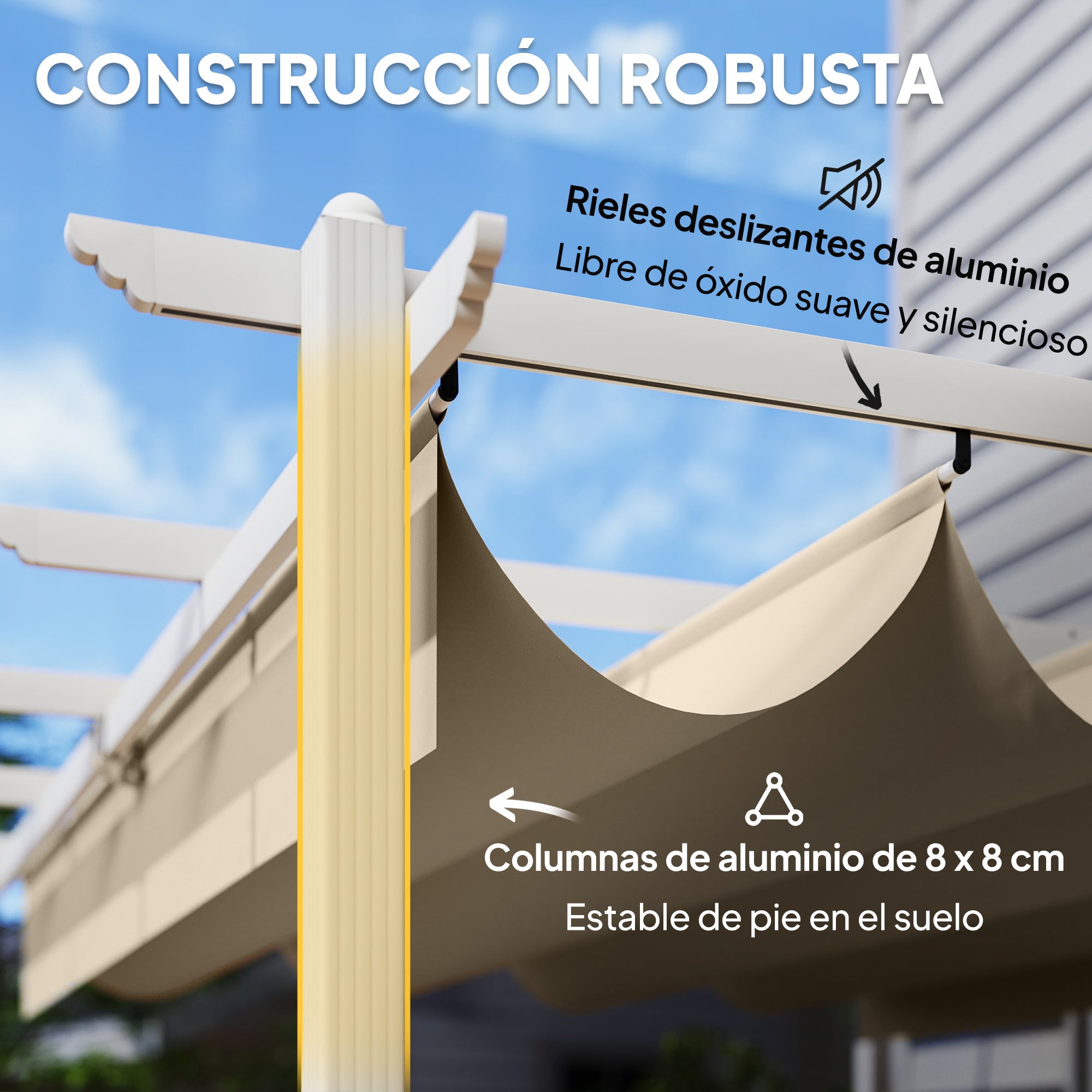 Outsunny Pérgola de Jardín 4x3 m con Techo Retráctil, Cenador de Jardín con Protección UPF30+, Orificios de Drenaje, Estructura Metálica, Pabellón para Patio, Terraza, Exterior, Beige