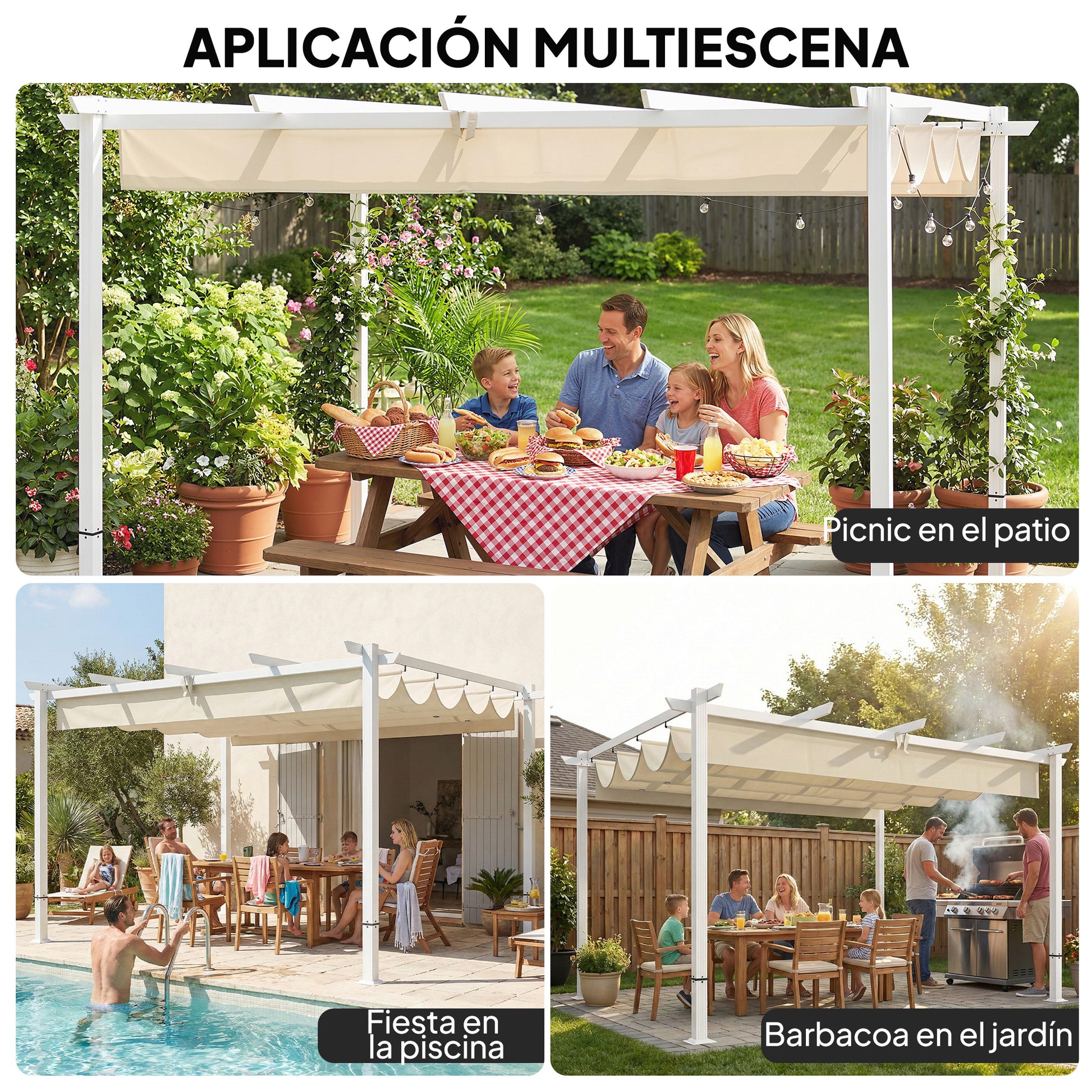 Outsunny Pérgola de Jardín 4x3 m con Techo Retráctil, Cenador de Jardín con Protección UPF30+, Orificios de Drenaje, Estructura Metálica, Pabellón para Patio, Terraza, Exterior, Beige
