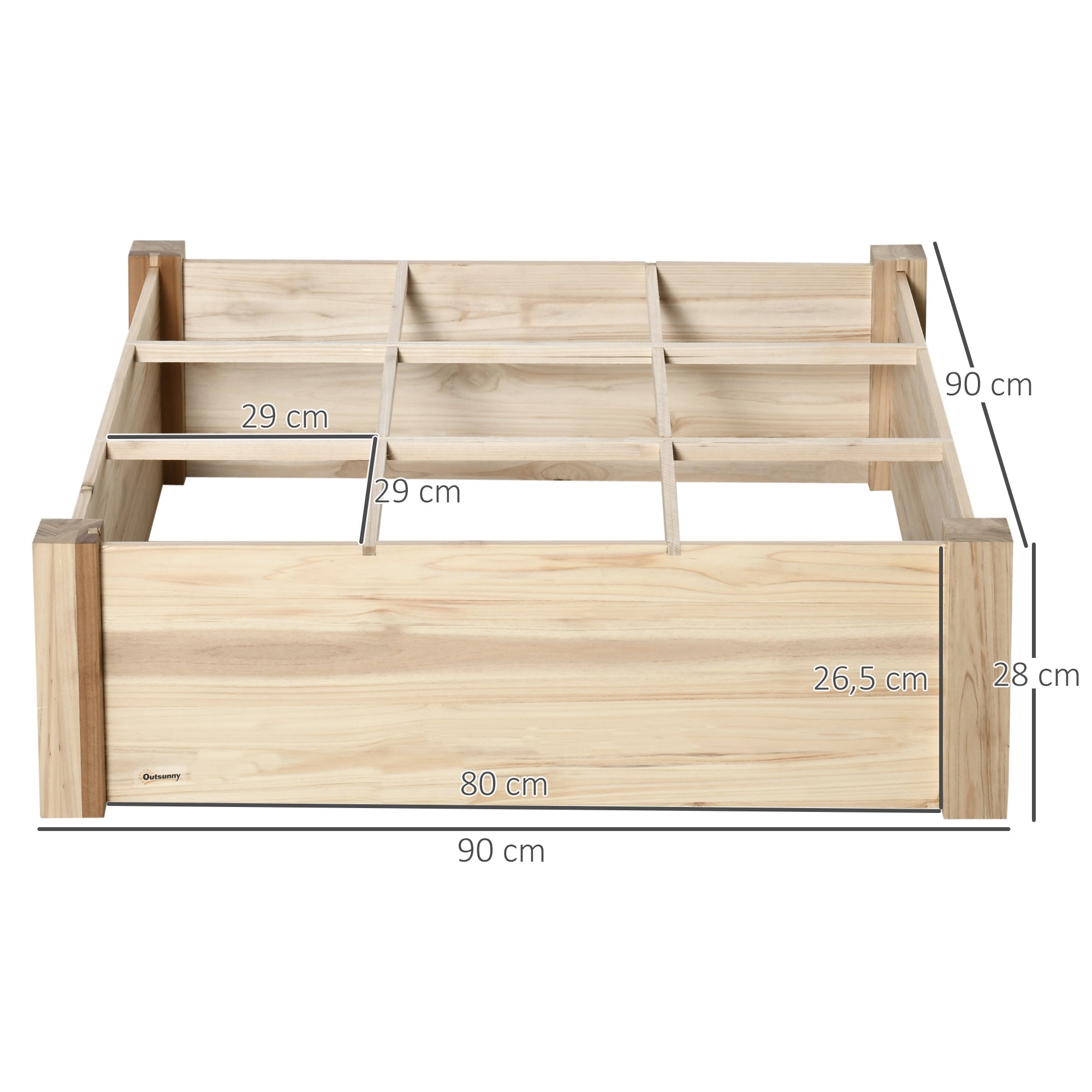 Outsunny Huerto Urbano de Madera Cuadrada 90x90x28 cm con 9 Compartimentos Extraíbles Arriate de Jardín para Cultivos Plantas Flores Natural