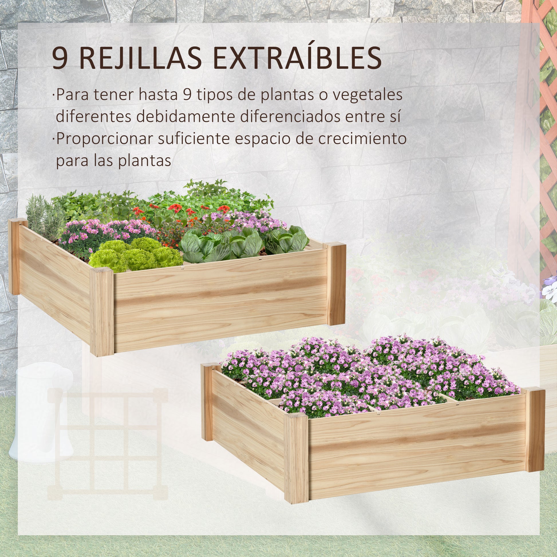 Outsunny Huerto Urbano de Madera Cuadrada 90x90x28 cm con 9 Compartimentos Extraíbles Arriate de Jardín para Cultivos Plantas Flores Natural