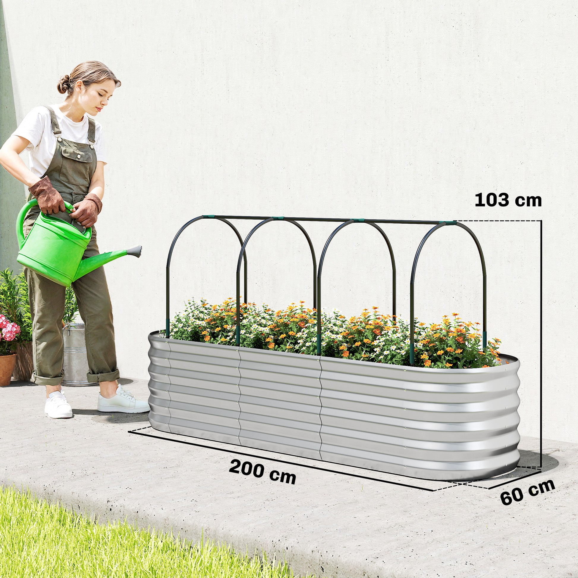 Outsunny Jardinera Exterior Grande con Cubierta de Invernadero y Malla, Huerto Urbano de Acero Galvanizado con Fondo Abierto, Resistente a la Intemperie, para Patio, Terraza, 200x60x103 cm, Plateado