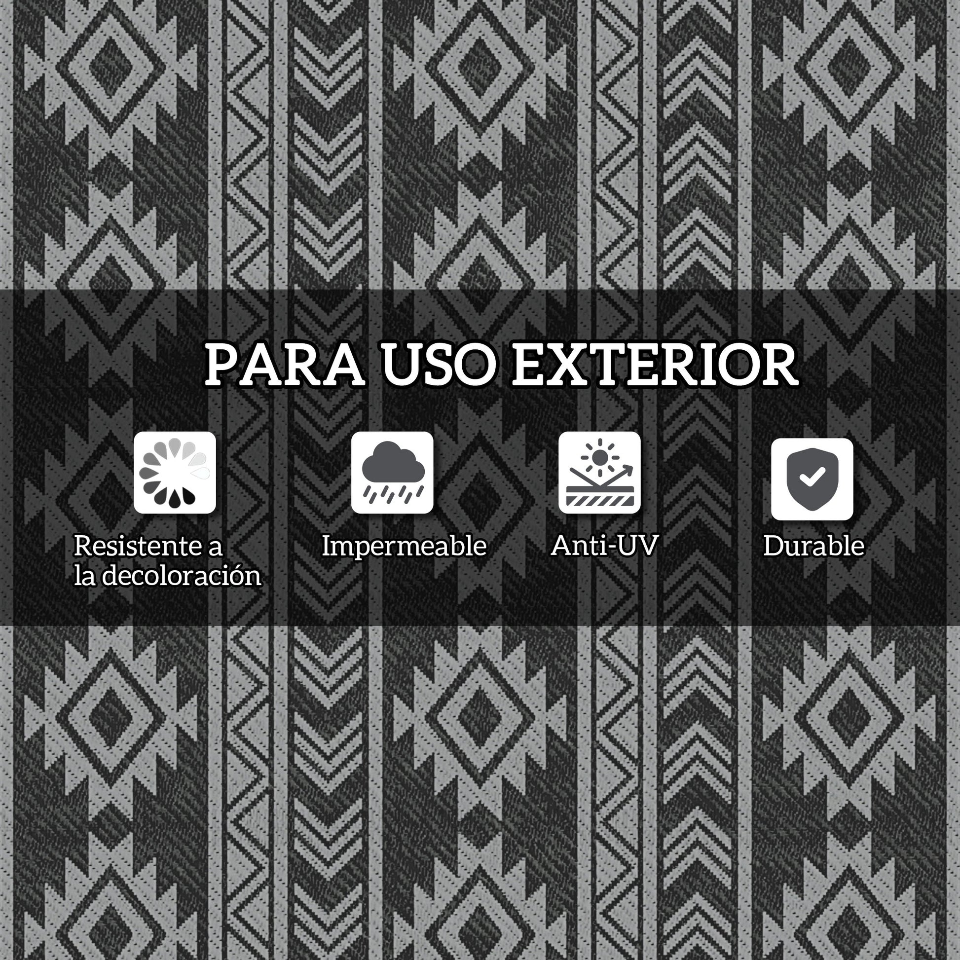 Outsunny Alfombra de Exterior, 182x274 cm, Alfombra Reversible con Patrón Geométrico, Impermeable, Anti-UV, para Terraza, Balcón, Patio, Camping, Viajes en Autocaravana, Negro y Gris Claro