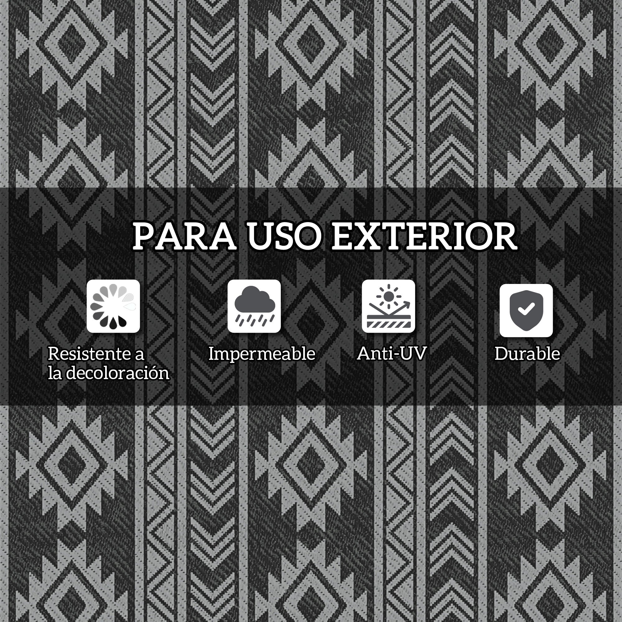 Outsunny Alfombra de Exterior, 182x274 cm, Alfombra Reversible con Patrón Geométrico, Impermeable, Anti-UV, para Terraza, Balcón, Patio, Camping, Viajes en Autocaravana, Negro y Gris Claro