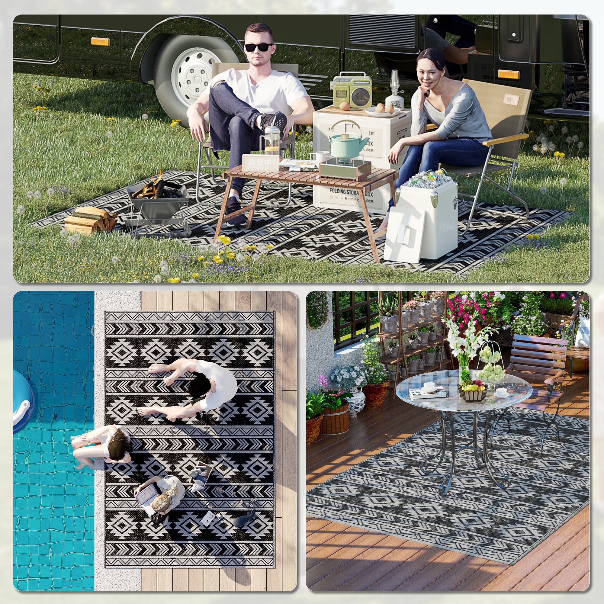 Outsunny Alfombra de Exterior, 182x274 cm, Alfombra Reversible con Patrón Geométrico, Impermeable, Anti-UV, para Terraza, Balcón, Patio, Camping, Viajes en Autocaravana, Negro y Gris Claro