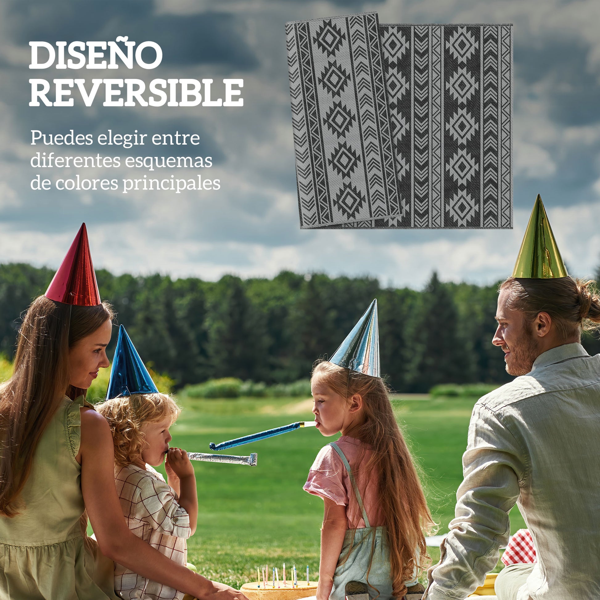 Outsunny Alfombra de Exterior, 182x274 cm, Alfombra Reversible con Patrón Geométrico, Impermeable, Anti-UV, para Terraza, Balcón, Patio, Camping, Viajes en Autocaravana, Negro y Gris Claro