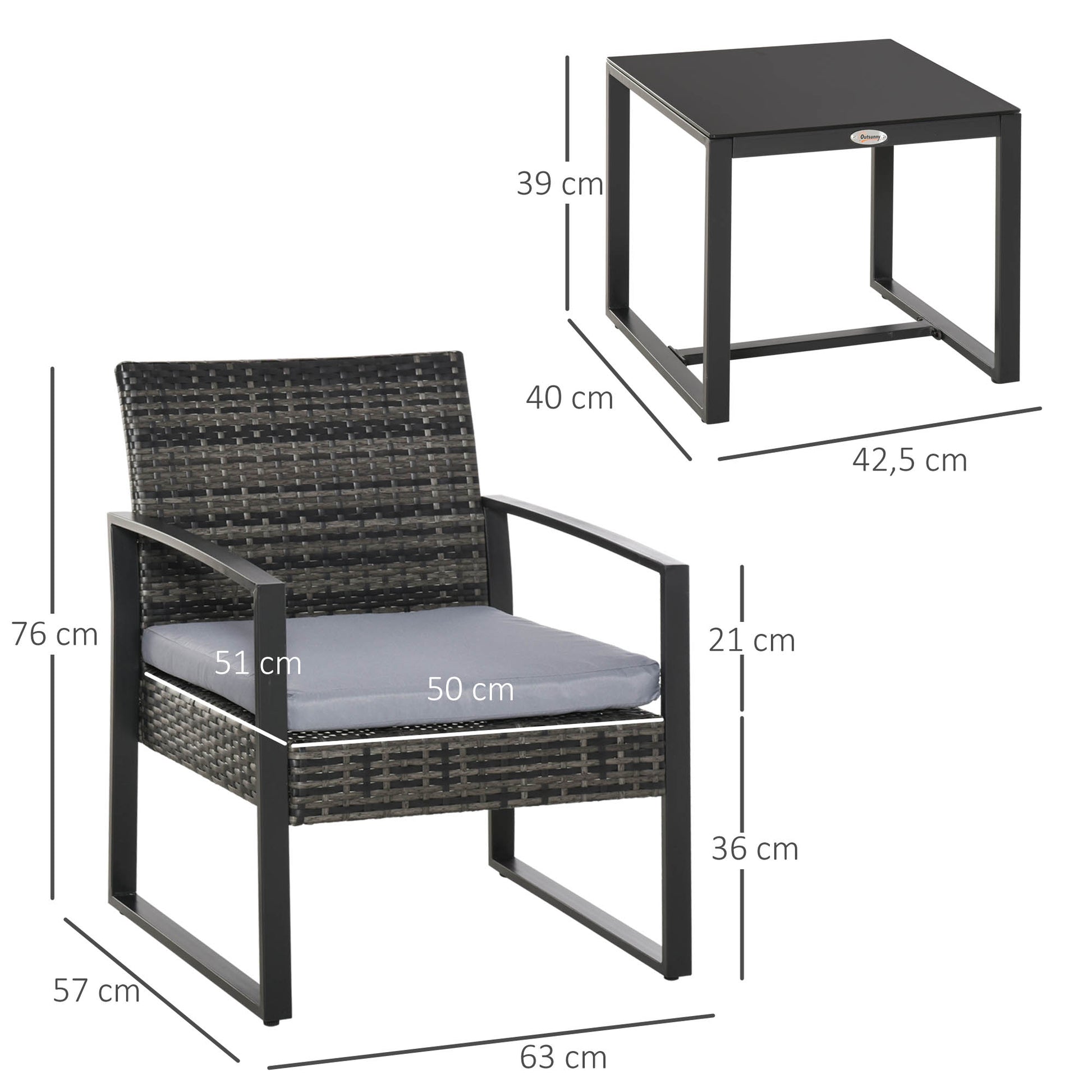 Outsunny Conjunto de Mesa y Sillas de Jardín para Exterior Juego de 3 Piezas Sillas y Mesa de Ratán Incluye 2 Sillones y 1 Mesa de Centro de Vidrio Gris