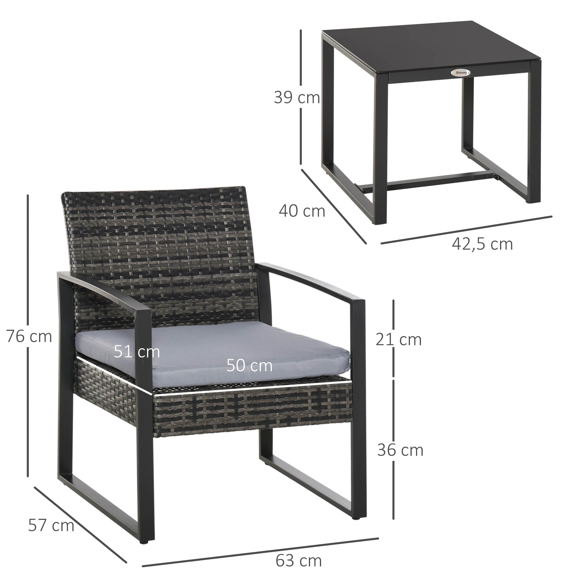 Outsunny Conjunto de Mesa y Sillas de Jardín para Exterior Juego de 3 Piezas Sillas y Mesa de Ratán Incluye 2 Sillones y 1 Mesa de Centro de Vidrio Gris