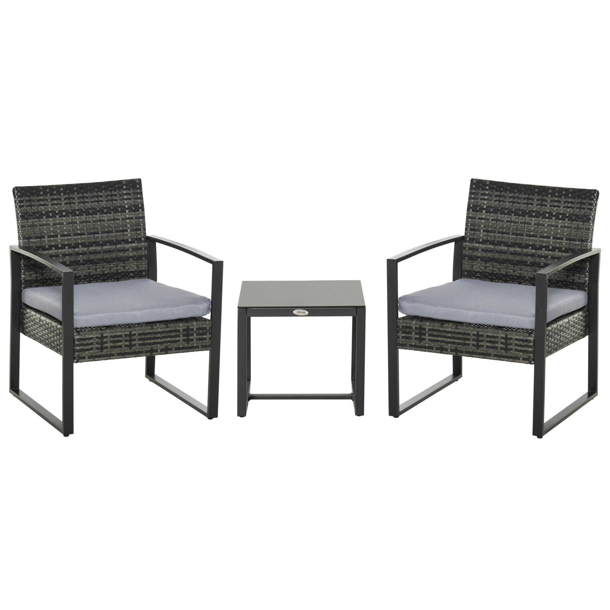 Outsunny Conjunto de Mesa y Sillas de Jardín para Exterior Juego de 3 Piezas Sillas y Mesa de Ratán Incluye 2 Sillones y 1 Mesa de Centro de Vidrio Gris