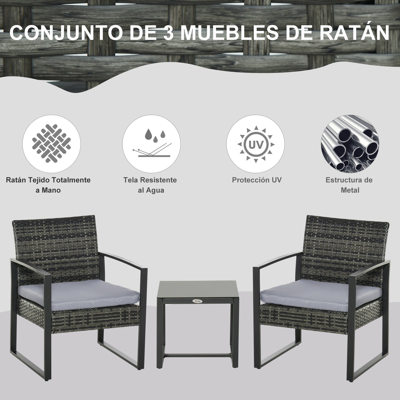 Outsunny Conjunto de Mesa y Sillas de Jardín para Exterior Juego de 3 Piezas Sillas y Mesa de Ratán Incluye 2 Sillones y 1 Mesa de Centro de Vidrio Gris