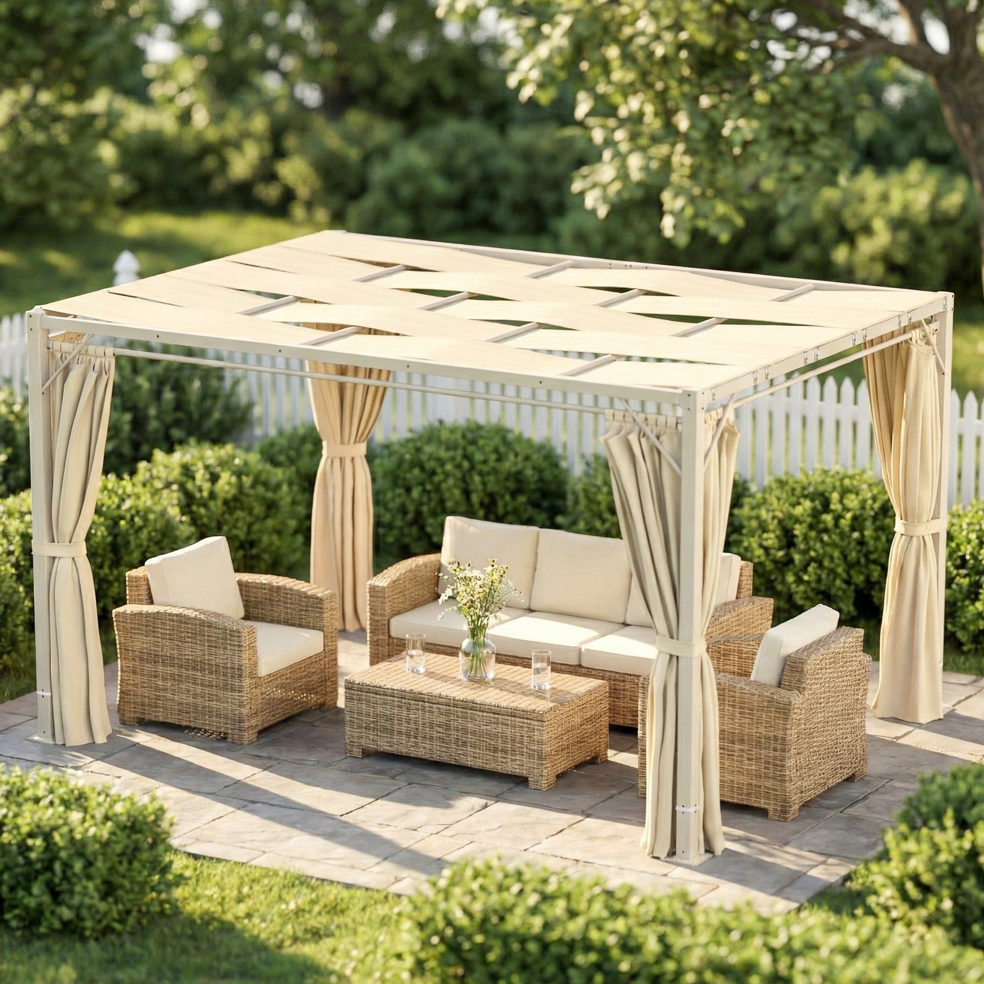 Outsunny Pérgola de Jardín 3x4 m, Cenador de Jardín con Techo Ondulado, 4 Cortinas Extraíbles, Protección UPF50+ y Estructura de Acero Resistente, Pabellón para Exterior, Patio, Terraza, Beige