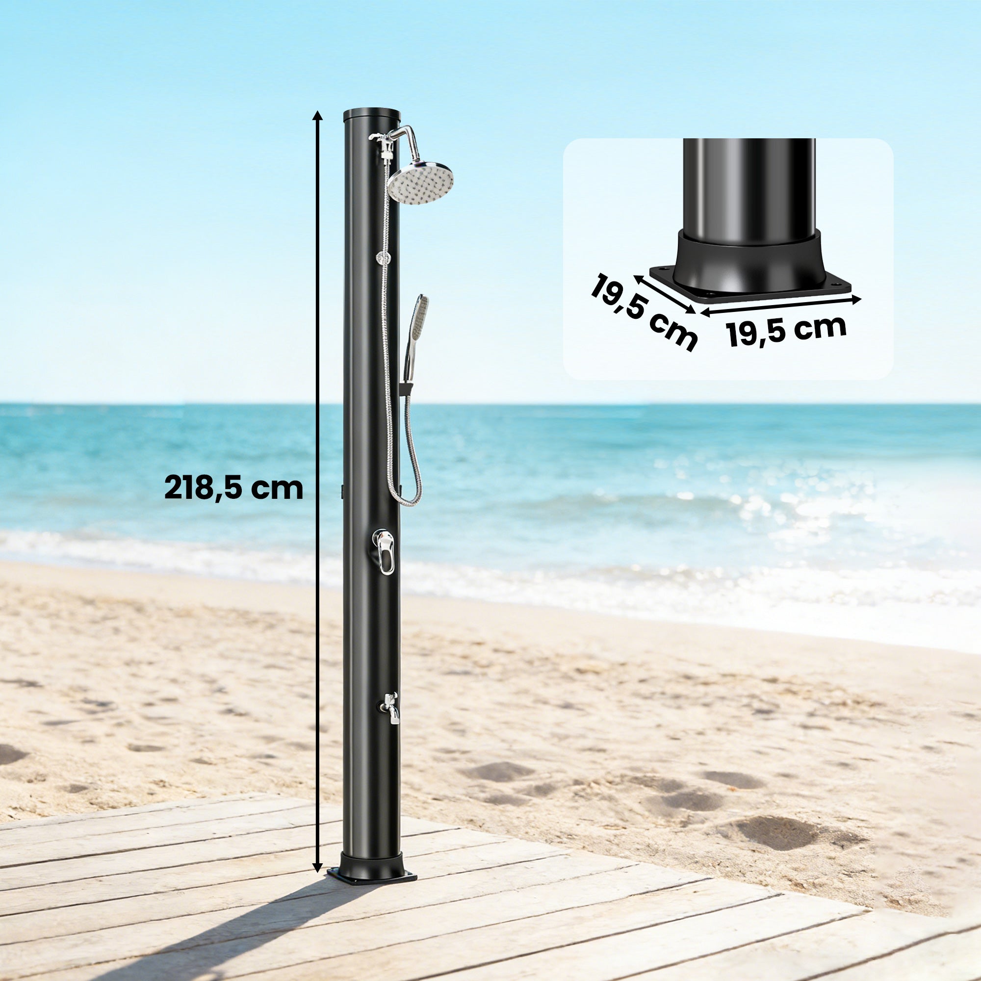 Outsunny Ducha Solar de Jardín 40L Ducha Solar Exterior con Cabezal Rociador de Mano Grifo de Pies Agua Fría y Caliente Máx. 60 °C Conexión Manguera para Piscina Camping Patio 19,5x19,5x218,5 cm Negro