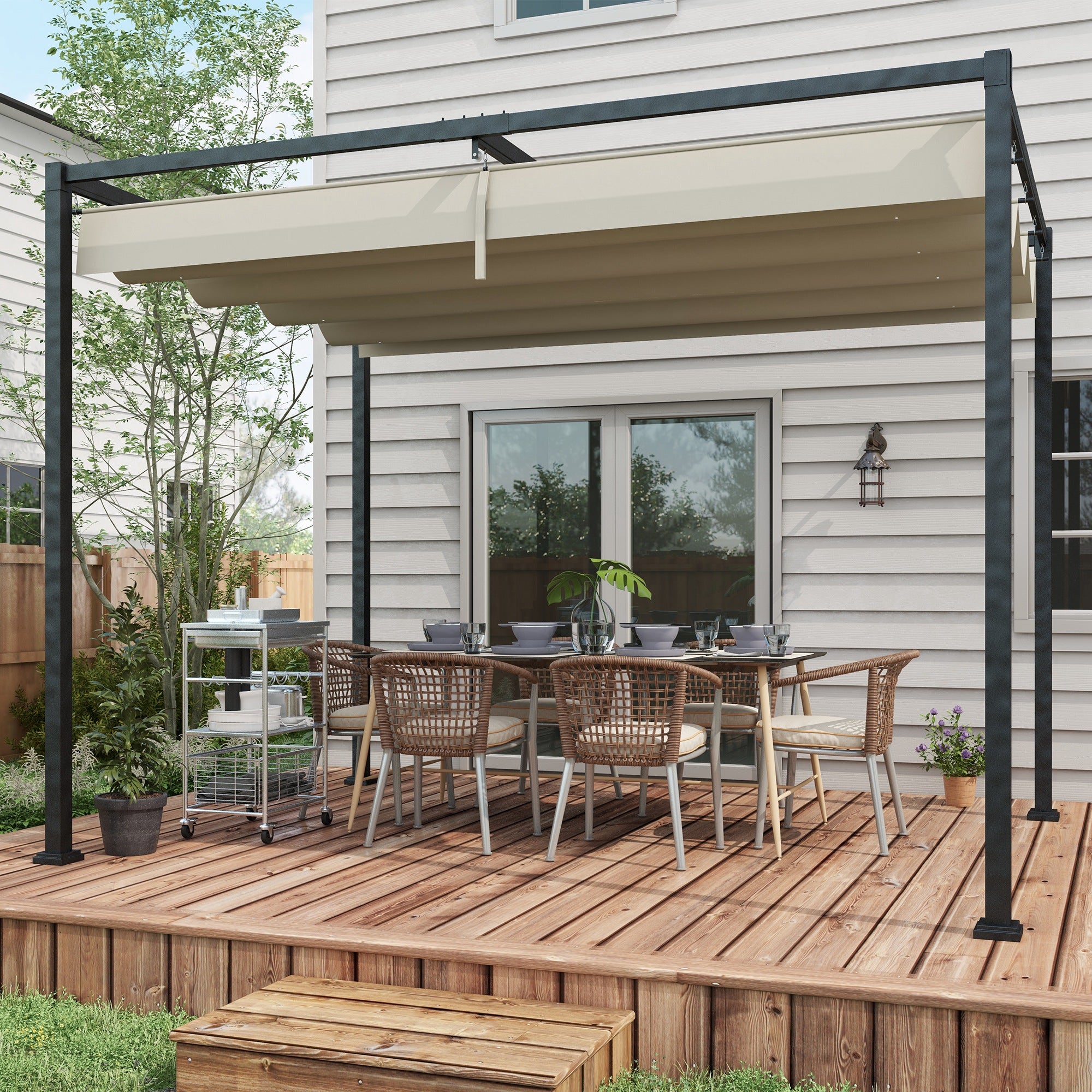 Outsunny Pérgola 3x2 m Cenador de Jardín Pabellón de Diseño Elegante con Techo Retráctil de Poliéster con Recubrimiento Resistente Anti-UV Impermeable para Celebraciones Fiestas Bodas Crema