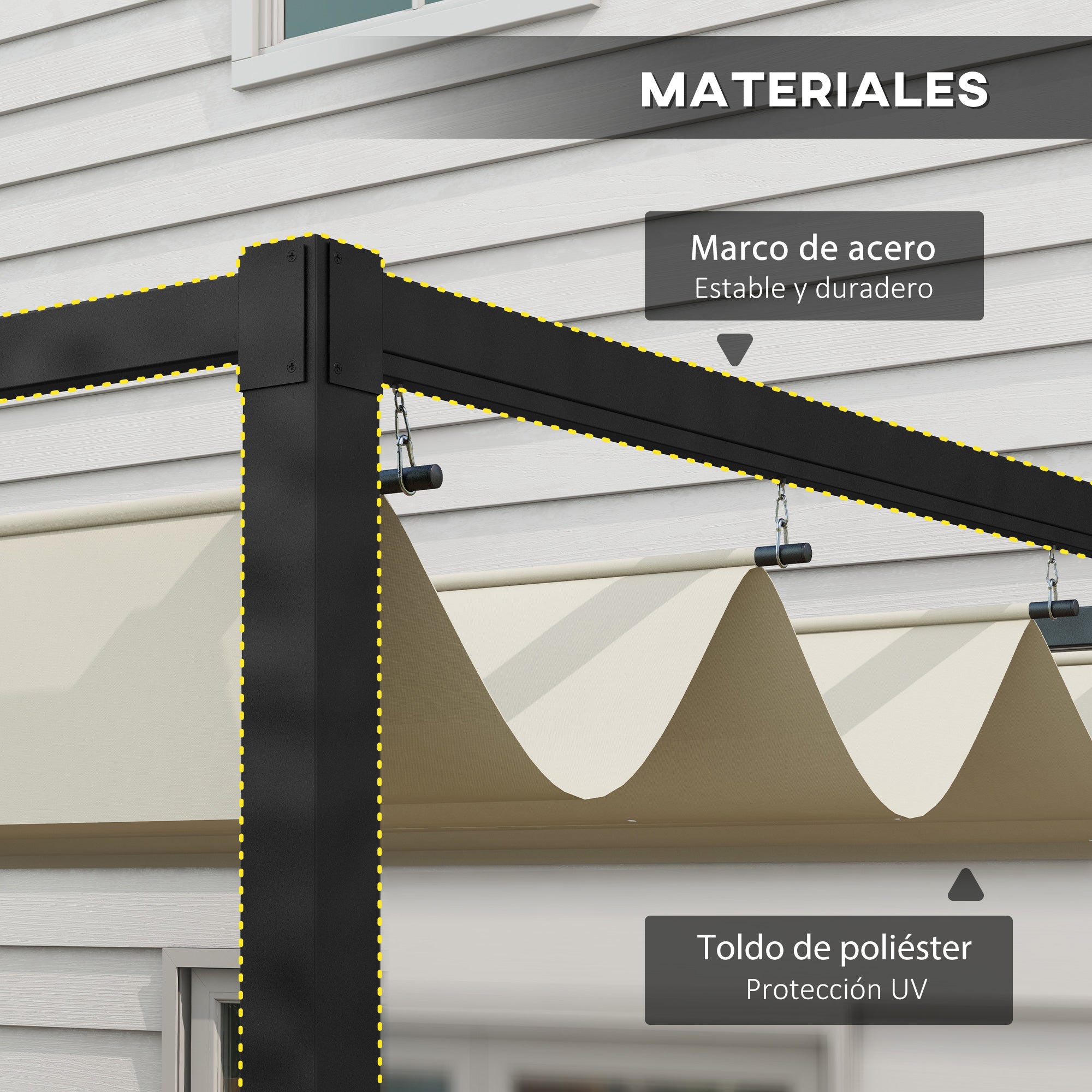Outsunny Pérgola 3x2 m Cenador de Jardín Pabellón de Diseño Elegante con Techo Retráctil de Poliéster con Recubrimiento Resistente Anti-UV Impermeable para Celebraciones Fiestas Bodas Crema