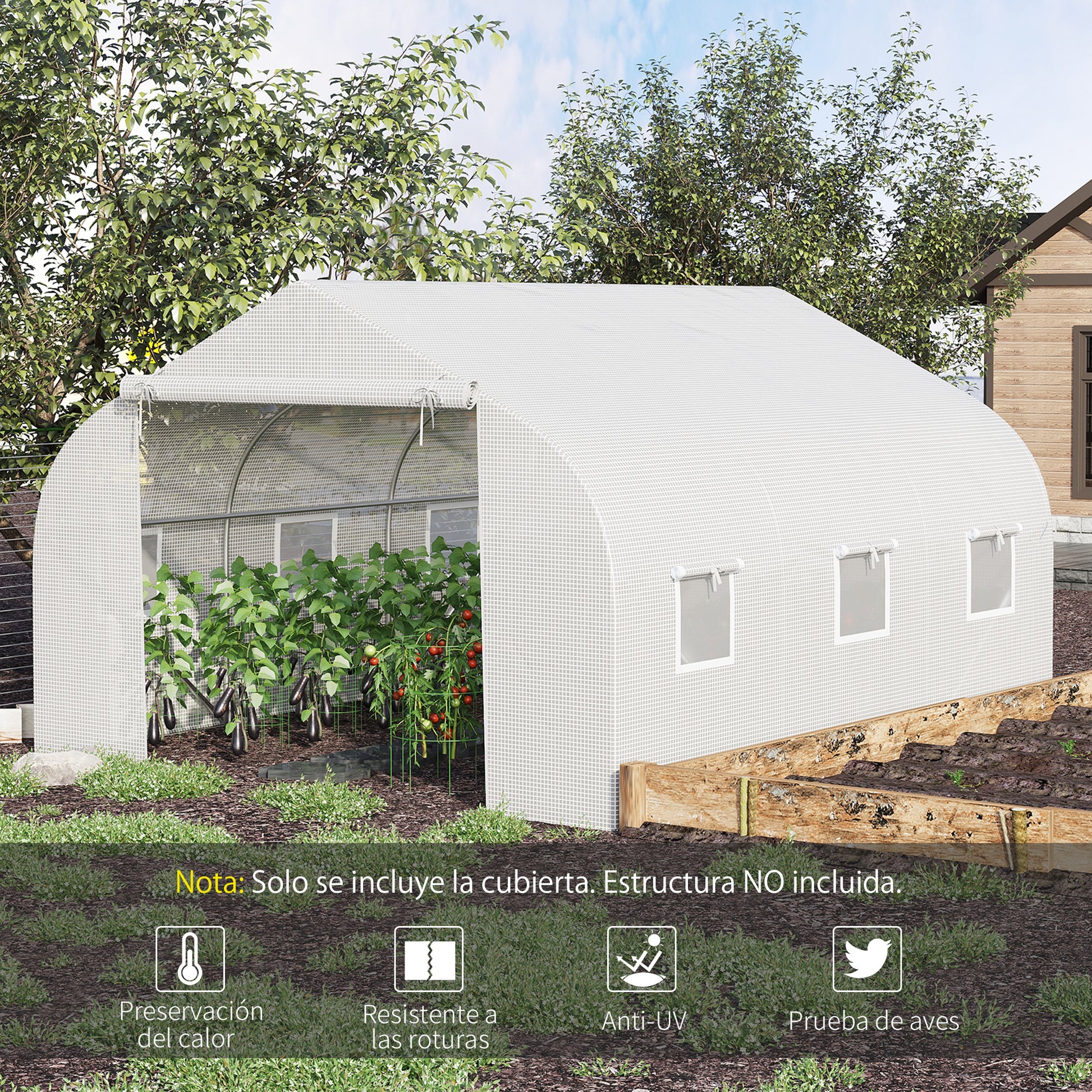 Outsunny Plásticos para Invernaderos 3,5x3x2 m Cubierta de Repuesto para Invernadero de Polietileno con 6 Ventanas y Puerta Enrollable Protección de Plantas para Jardín Blanco