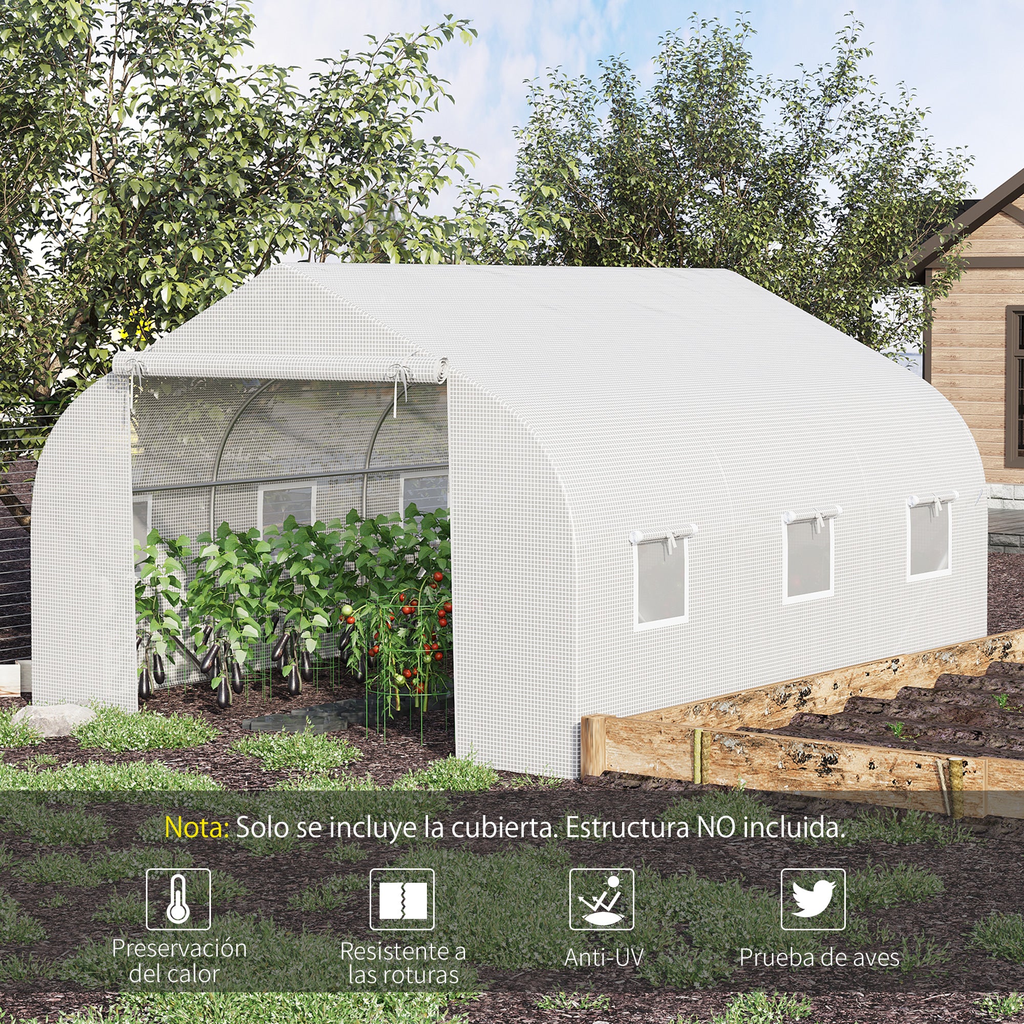 Outsunny Plásticos para Invernaderos 3,5x3x2 m Cubierta de Repuesto para Invernadero de Polietileno con 6 Ventanas y Puerta Enrollable Protección de Plantas para Jardín Blanco