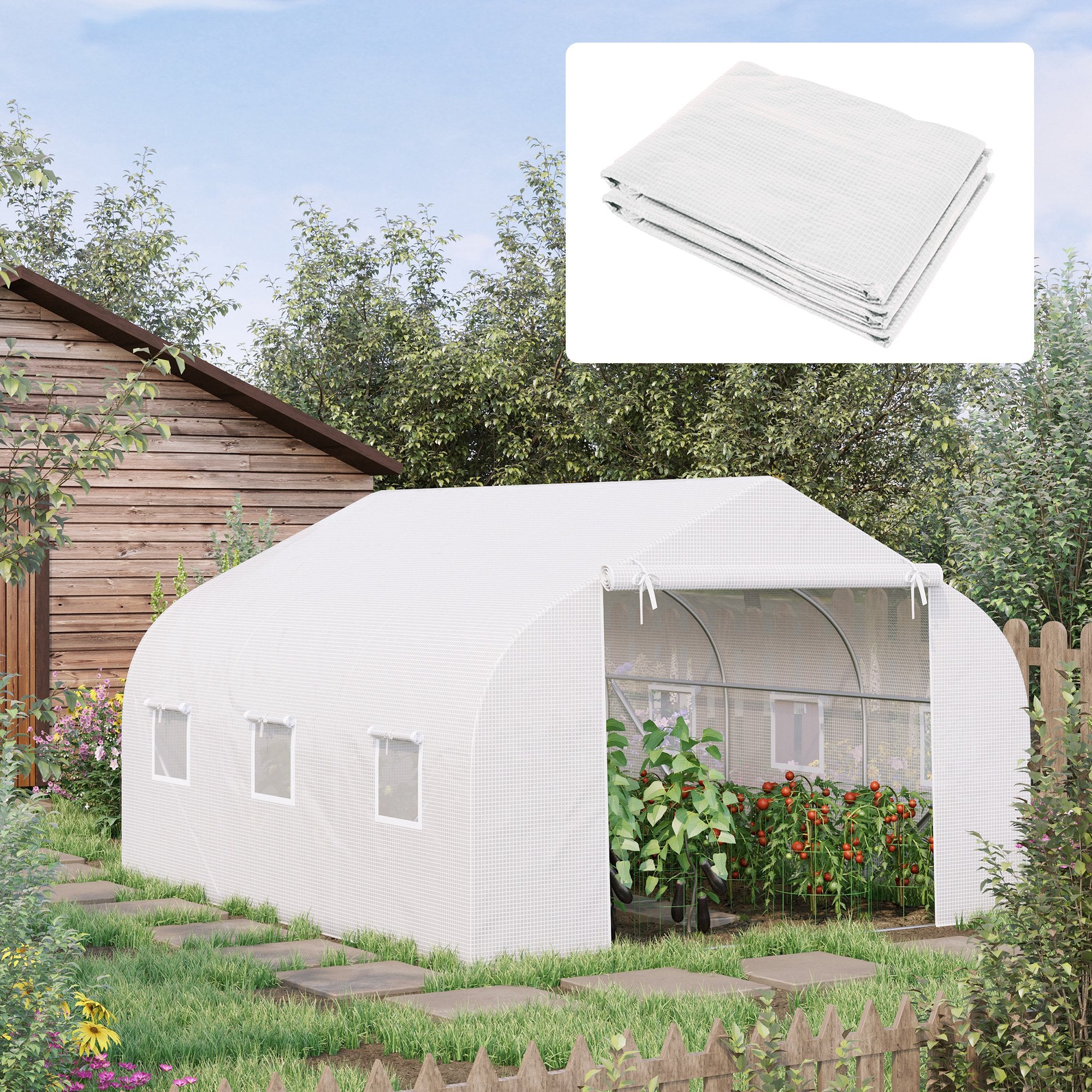 Outsunny Plásticos para Invernaderos 3,5x3x2 m Cubierta de Repuesto para Invernadero de Polietileno con 6 Ventanas y Puerta Enrollable Protección de Plantas para Jardín Blanco