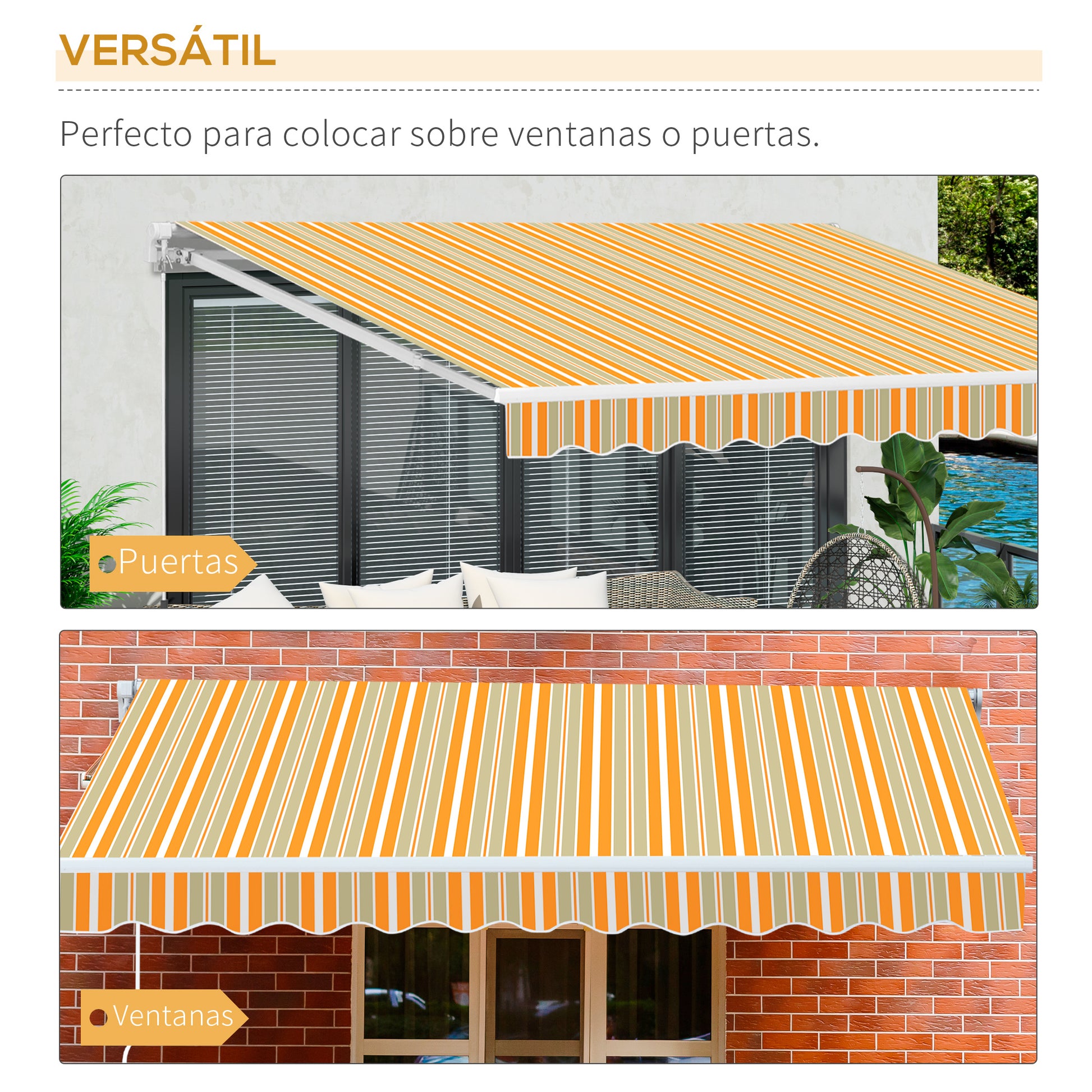 Outsunny Toldo Manual Retráctil 300x250 cm, Toldo Exterior Terraza con Ángulo Ajustable, Brazo Articulado, Montaje a Pared, Estructura de Aluminio, Anti-UV e Impermeable, para Jardín Amarillo y Blanco