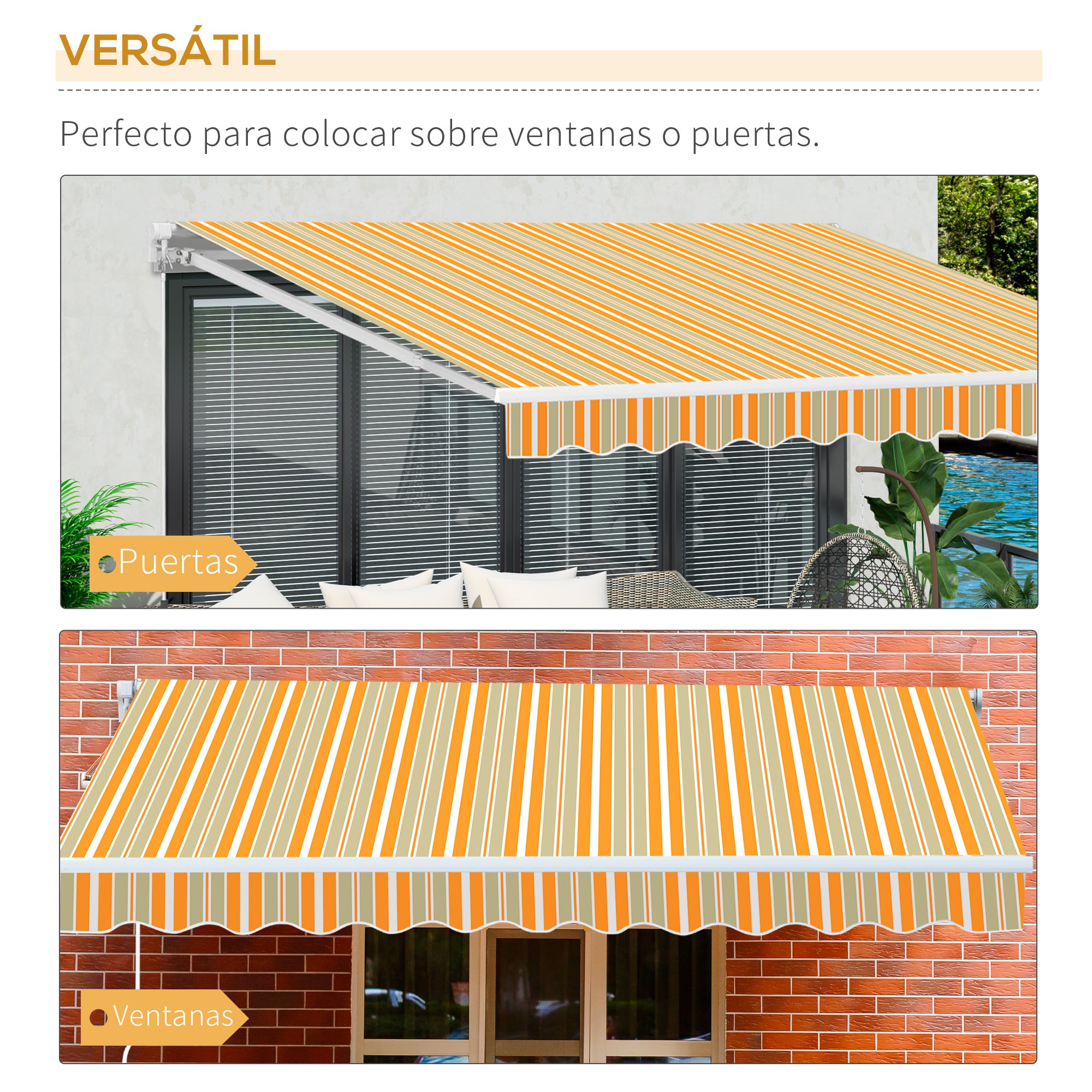 Outsunny Toldo Manual Retráctil 300x250 cm, Toldo Exterior Terraza con Ángulo Ajustable, Brazo Articulado, Montaje a Pared, Estructura de Aluminio, Anti-UV e Impermeable, para Jardín Amarillo y Blanco