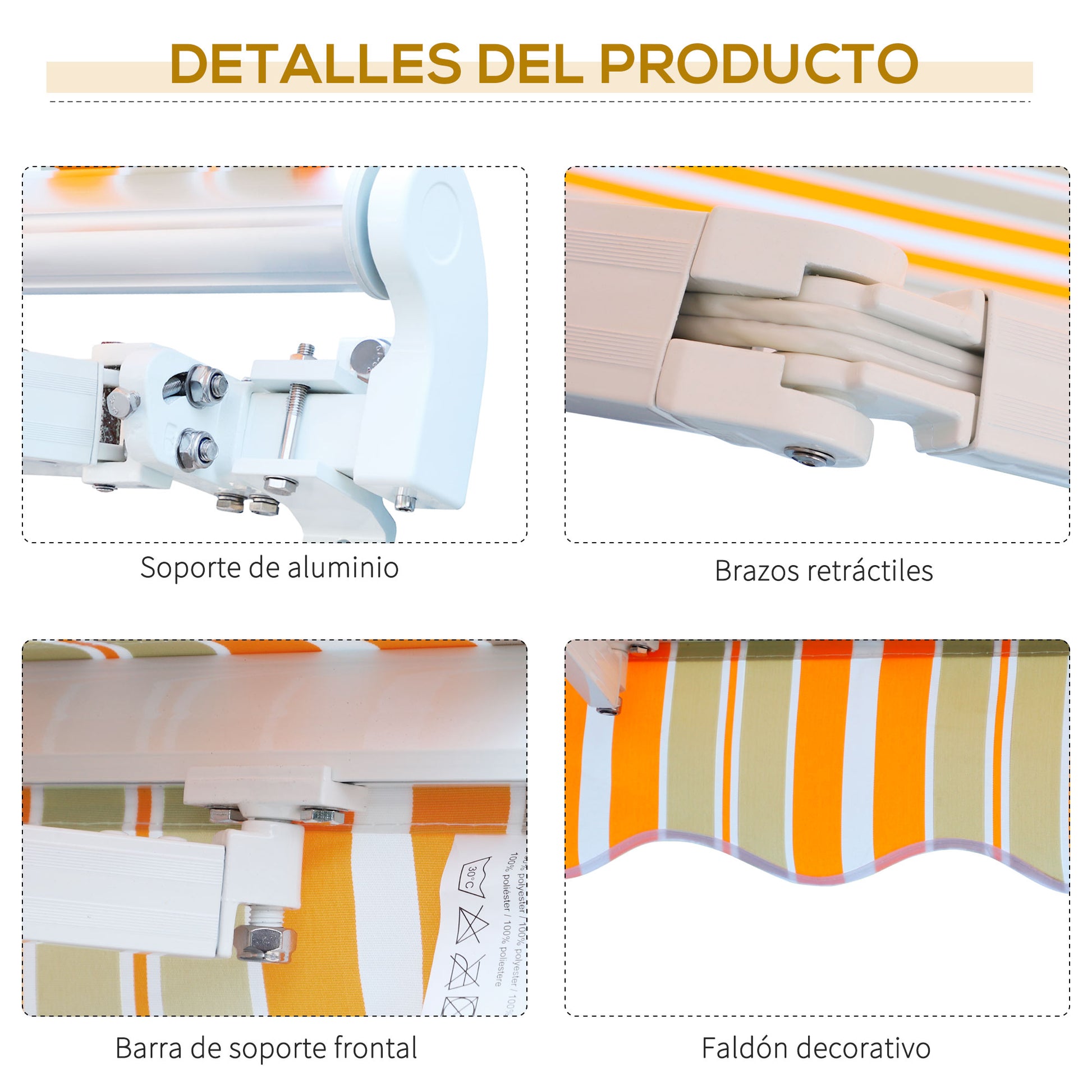 Outsunny Toldo Manual Retráctil 300x250 cm, Toldo Exterior Terraza con Ángulo Ajustable, Brazo Articulado, Montaje a Pared, Estructura de Aluminio, Anti-UV e Impermeable, para Jardín Amarillo y Blanco
