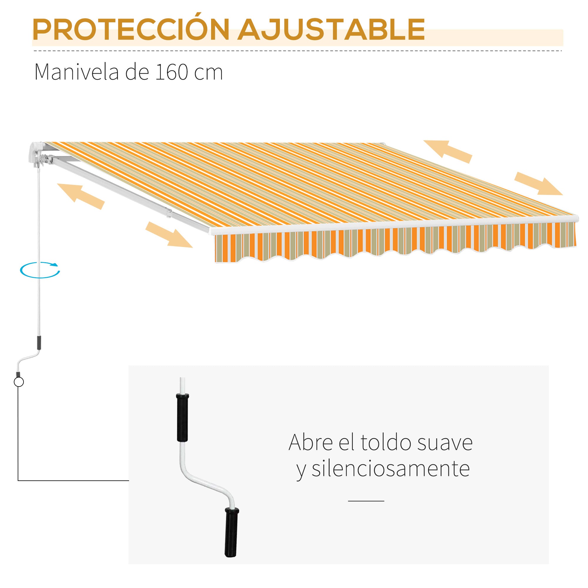 Outsunny Toldo Manual Retráctil 300x250 cm, Toldo Exterior Terraza con Ángulo Ajustable, Brazo Articulado, Montaje a Pared, Estructura de Aluminio, Anti-UV e Impermeable, para Jardín Amarillo y Blanco