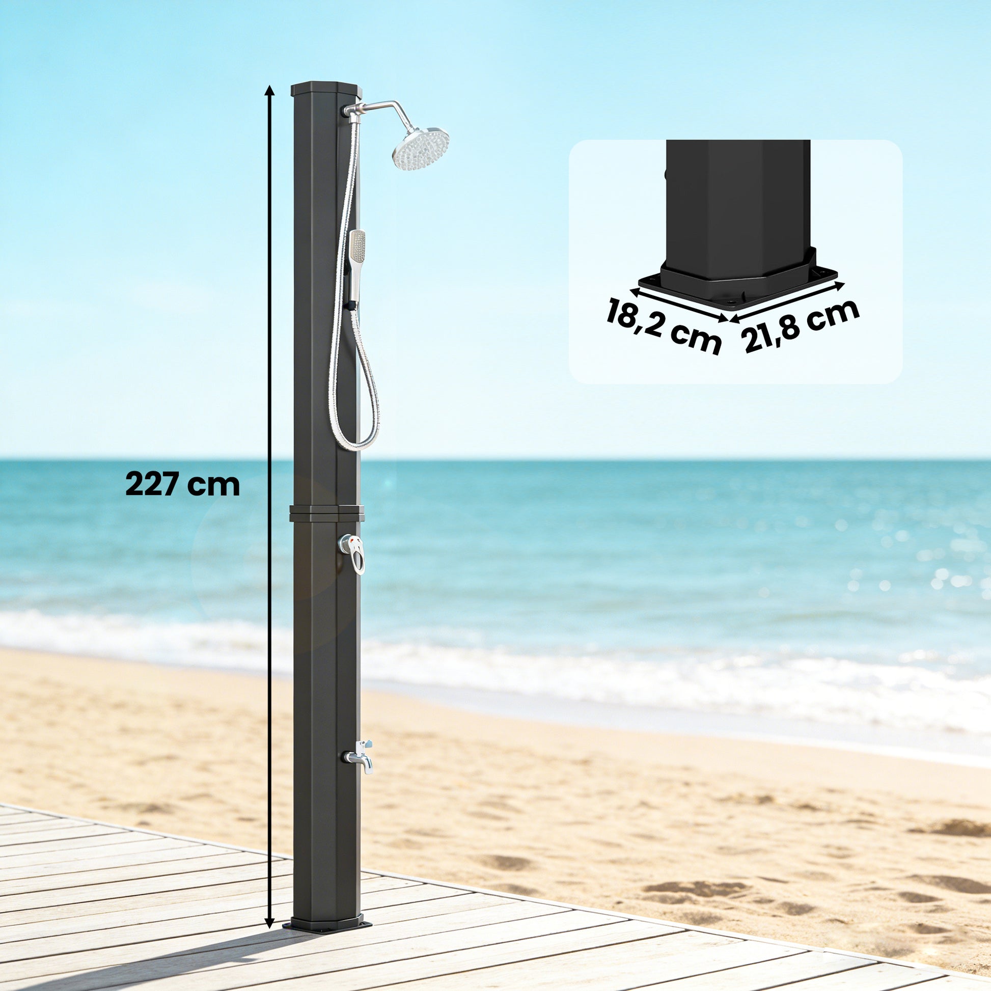 Outsunny Ducha Solar de Jardín 60 L Ducha Solar Exterior con Cabezal Rociador de Mano Grifo de Pies Agua Fría y Caliente Máx. 60 °C Conexión Manguera para Piscina Camping Patio 21,8x18,2x227 cm Negro