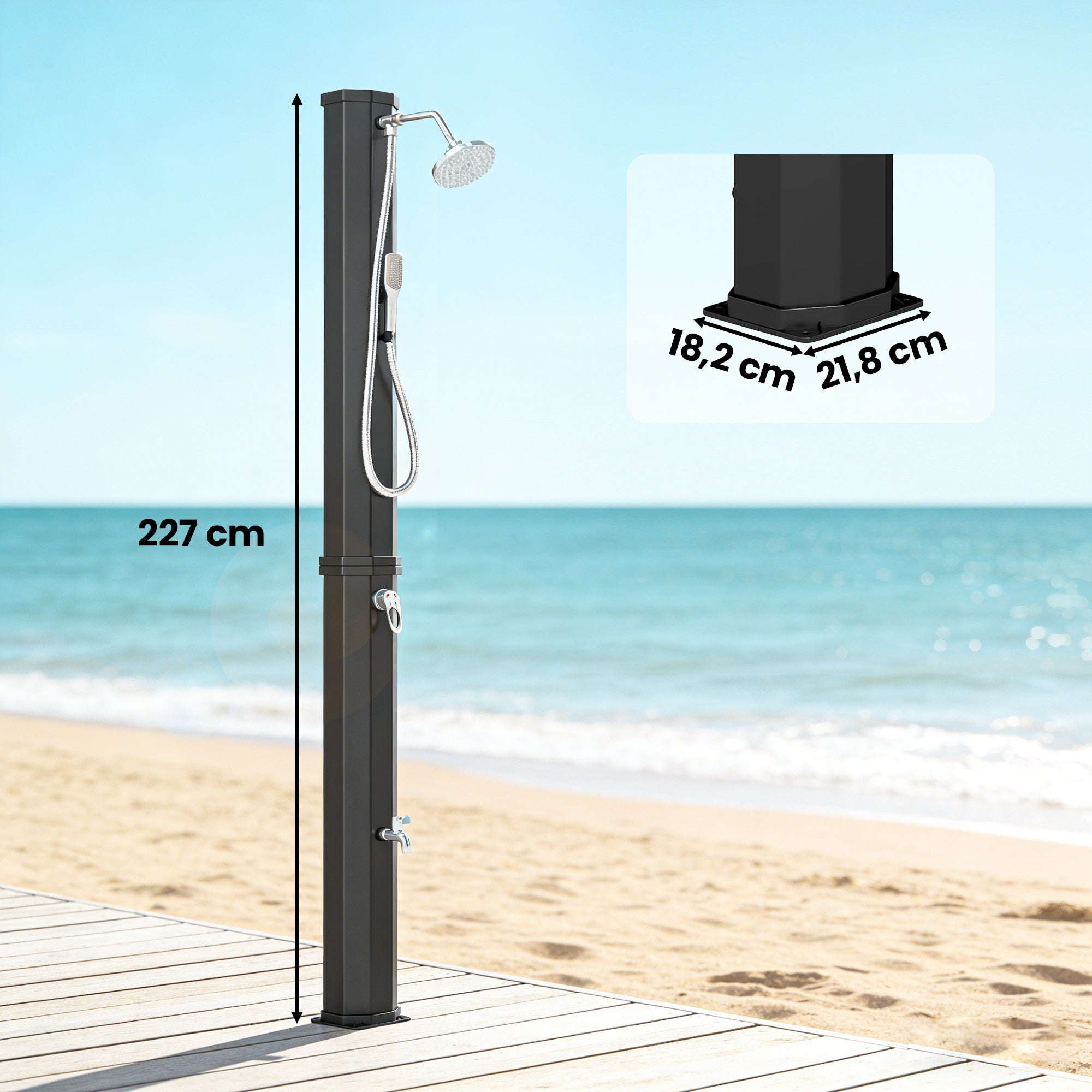 Outsunny Ducha Solar de Jardín 60 L Ducha Solar Exterior con Cabezal Rociador de Mano Grifo de Pies Agua Fría y Caliente Máx. 60 °C Conexión Manguera para Piscina Camping Patio 21,8x18,2x227 cm Negro