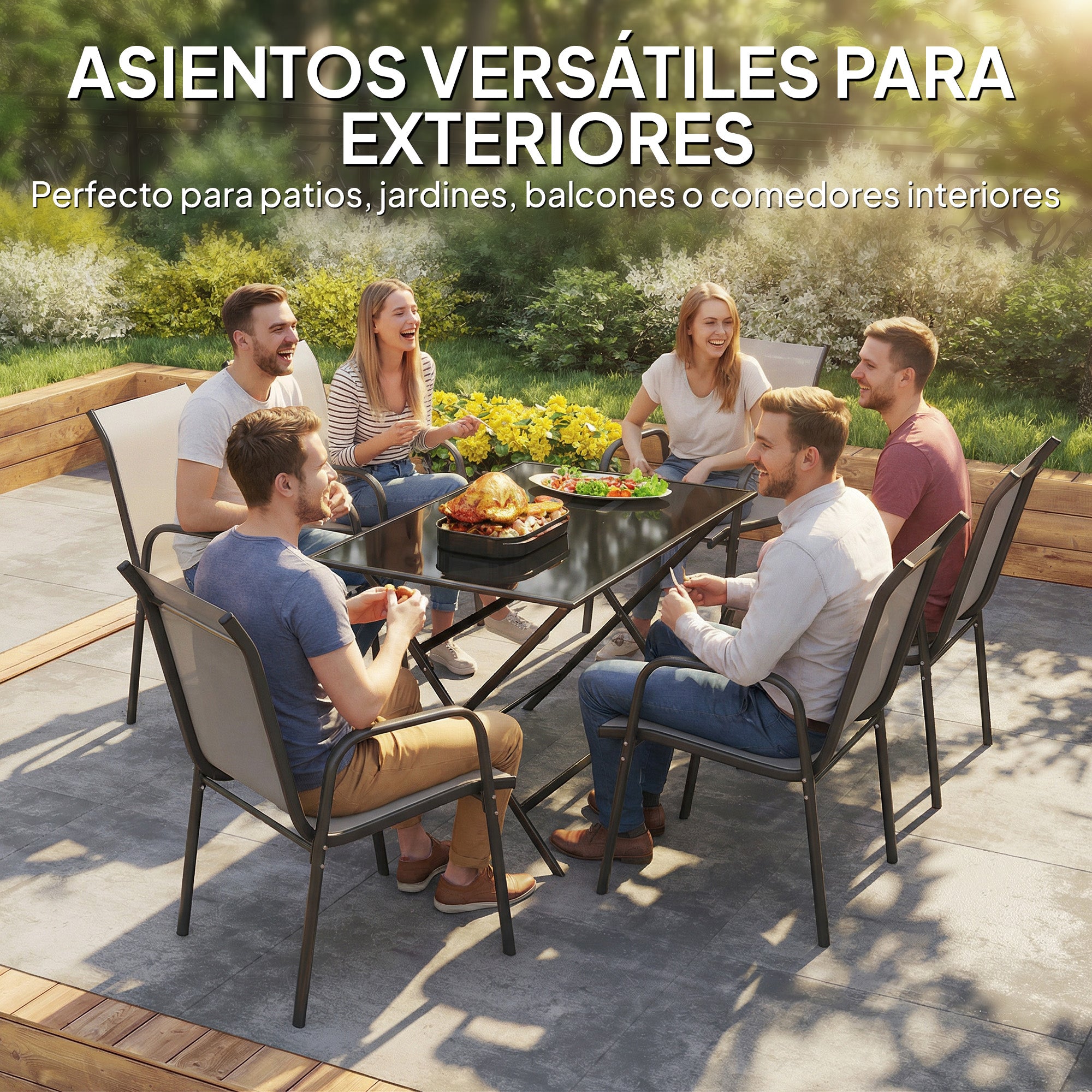 Outsunny Juego de 6 Sillas de Jardín Exterior Apilables, Sillas Terraza Exterior con Reposabrazos, Asiento y Respaldo de Malla Transpirable, Estructura Metálica Resistente, 51x69x87 cm, Gris Claro